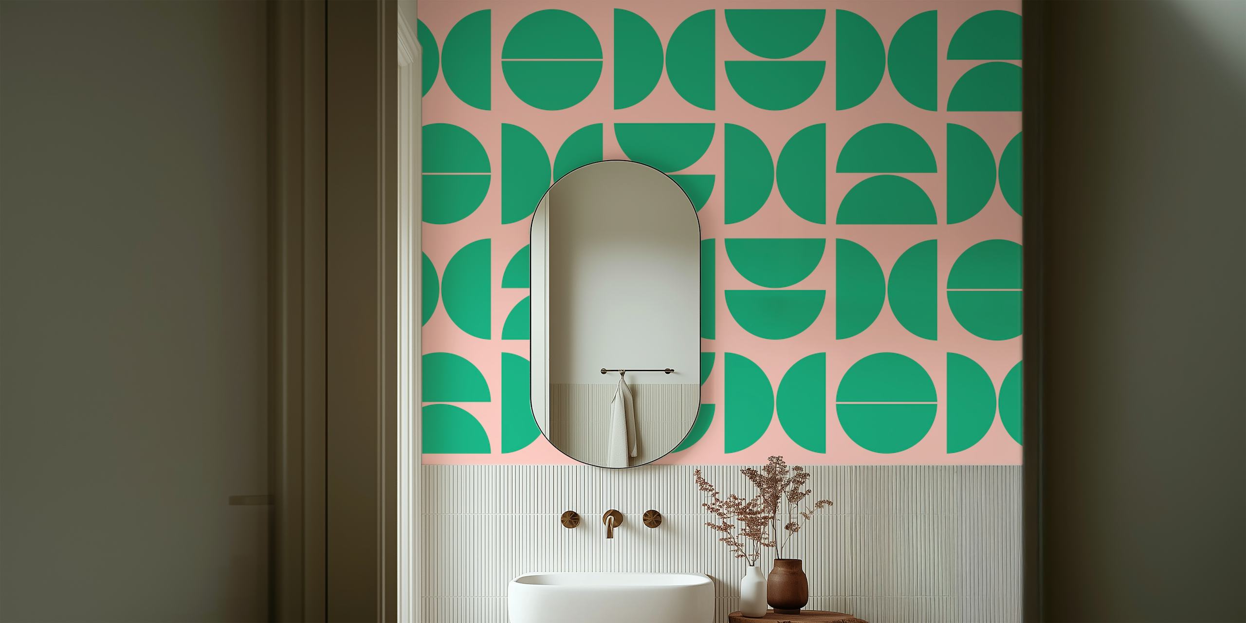 Geometric patterns in green and pink hues wallpaper