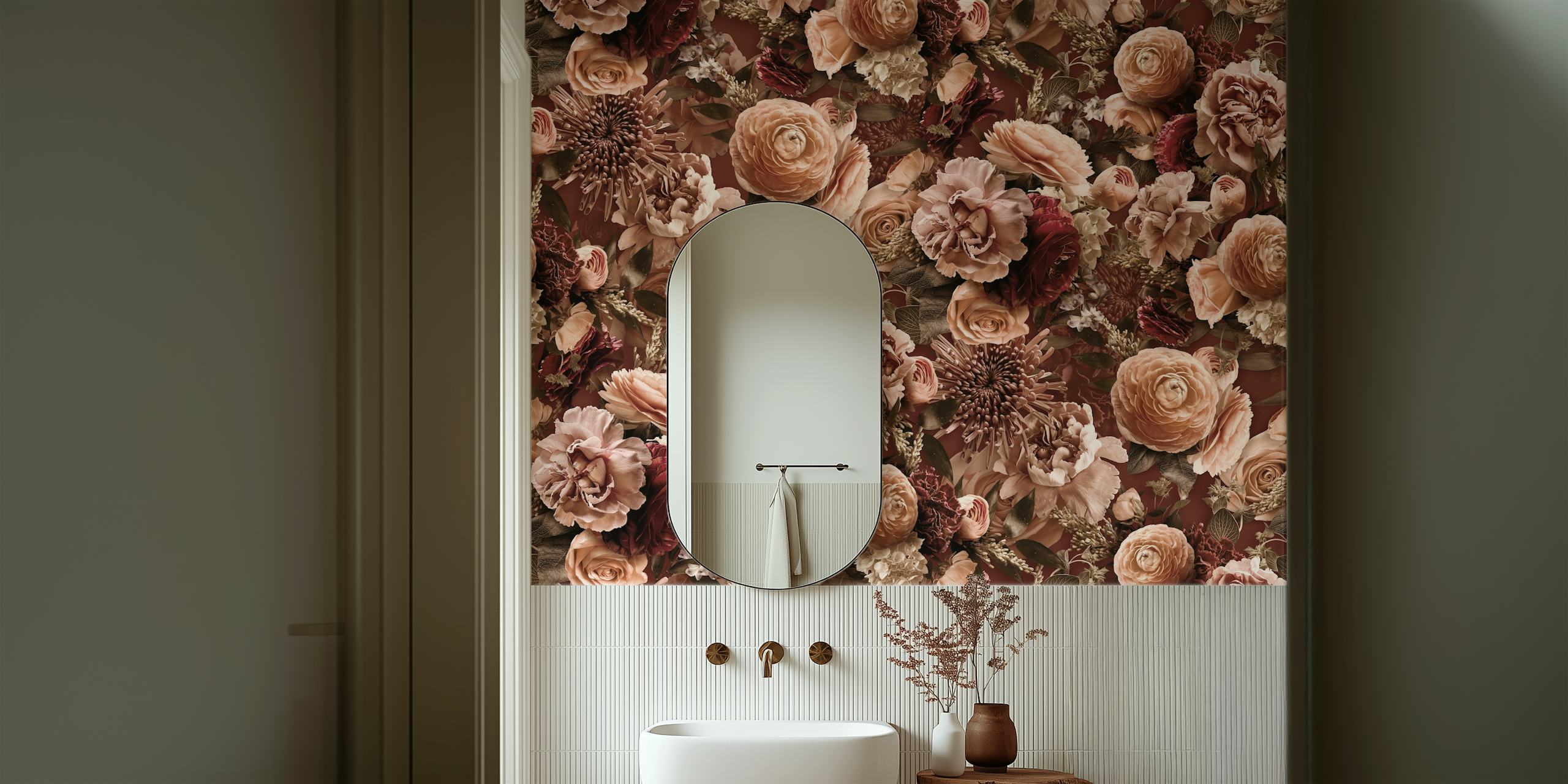 Baroque floral pattern in peach, pink, and brown wallpaper
