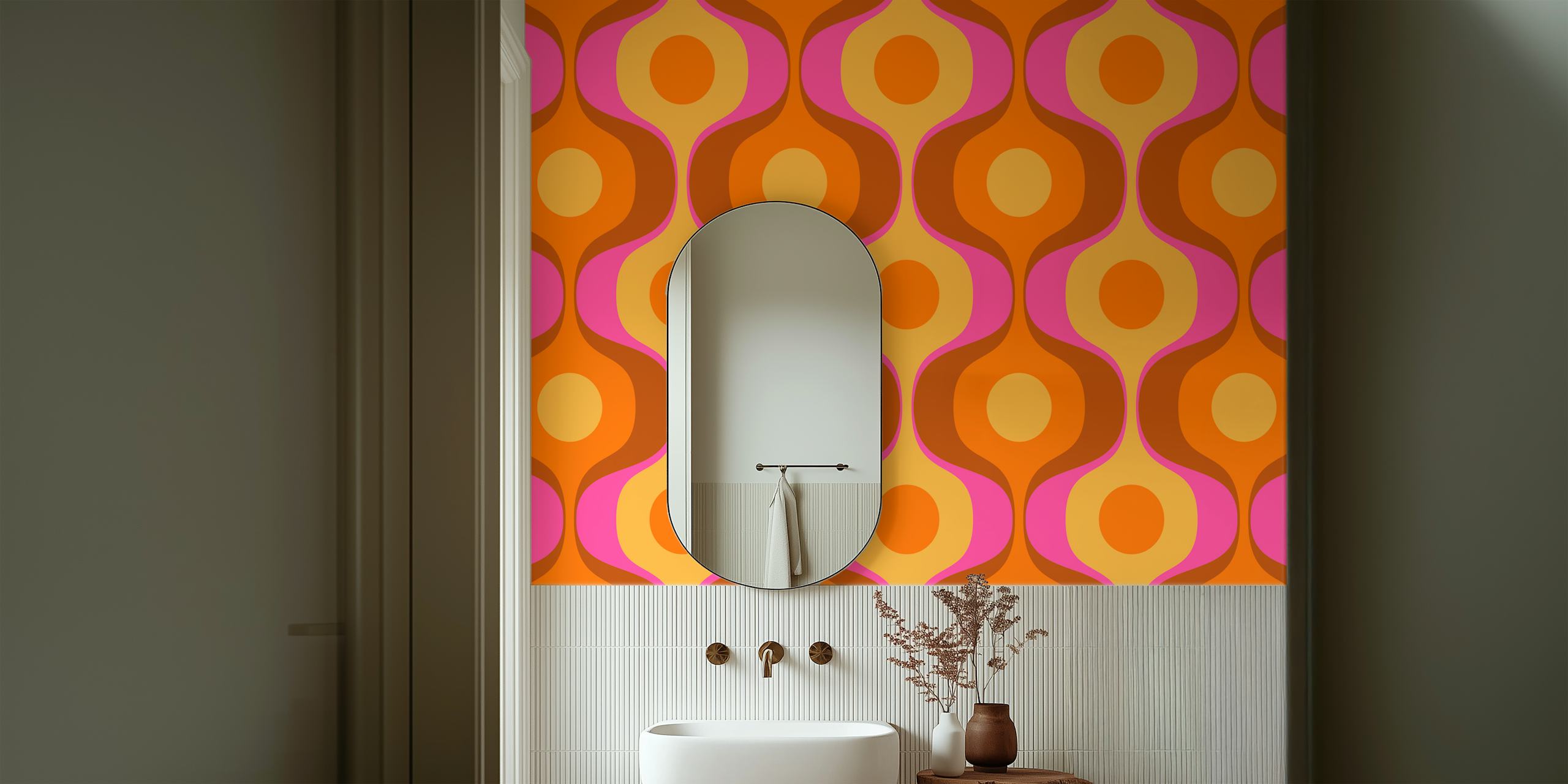 Vívido mural de pared de inspiración retro con ondas geométricas abstractas en terracota, mostaza y malva