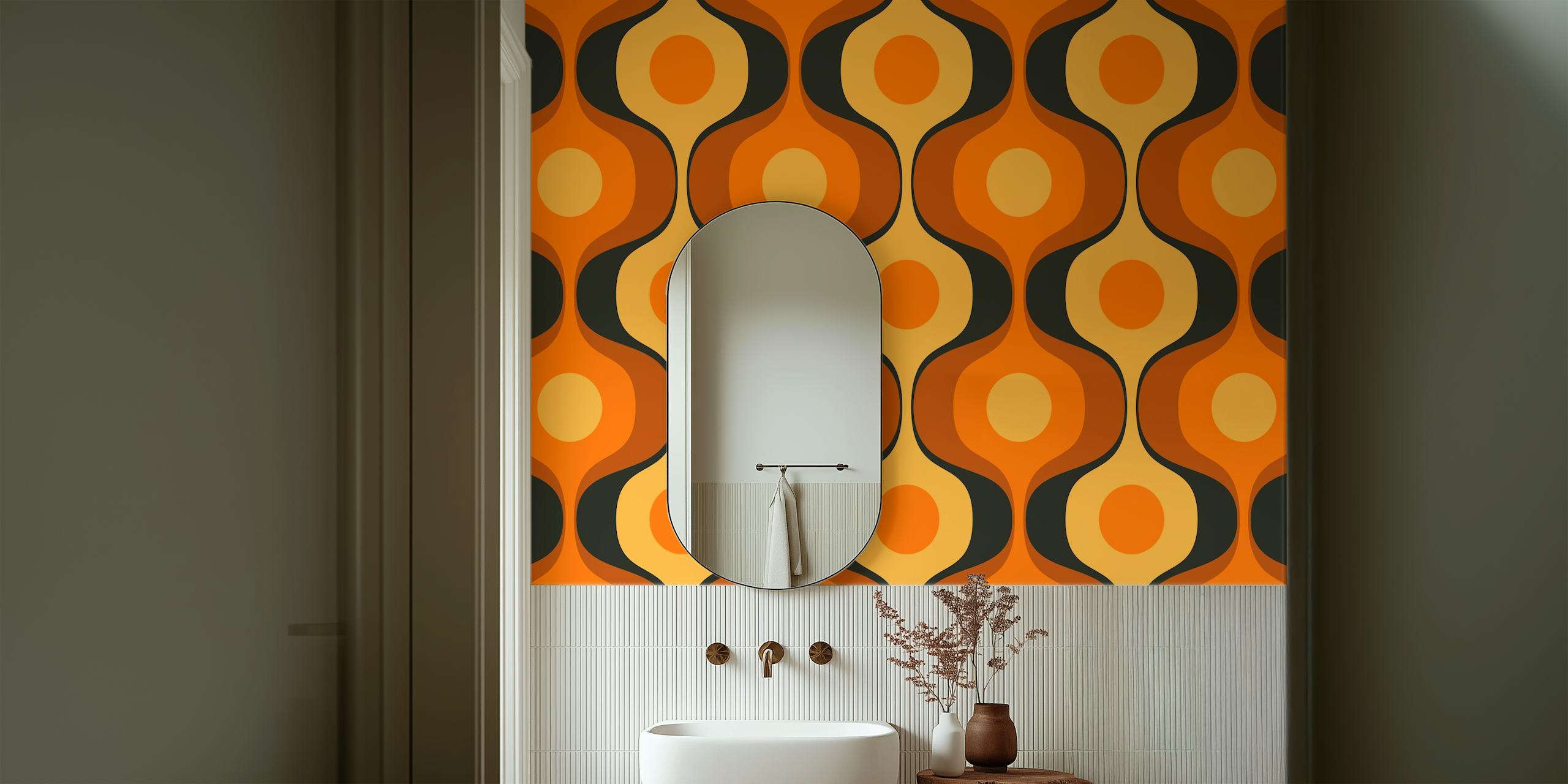 Geometric wave pattern in orange, black, and cream colors wallpaper