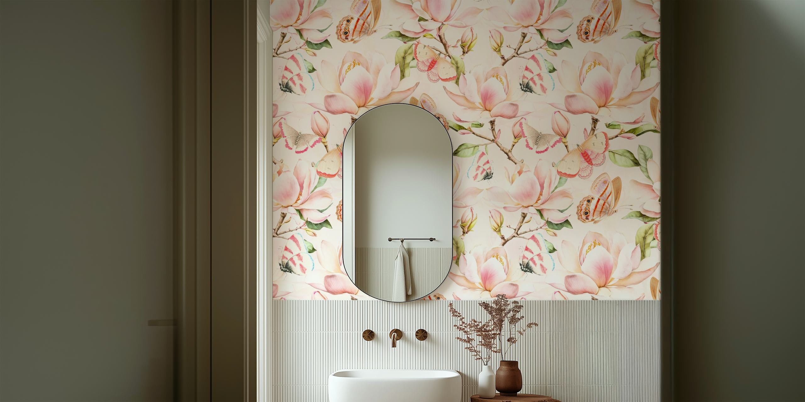 Pink magnolia flowers and butterflies on light background wallpaper