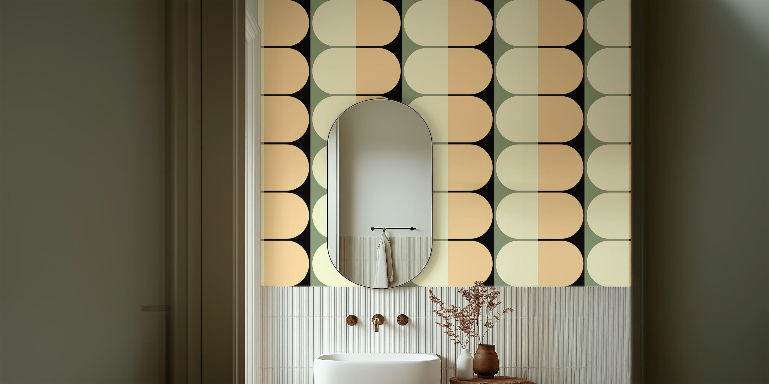 Beige geometric oval pattern wallpaper in retro style