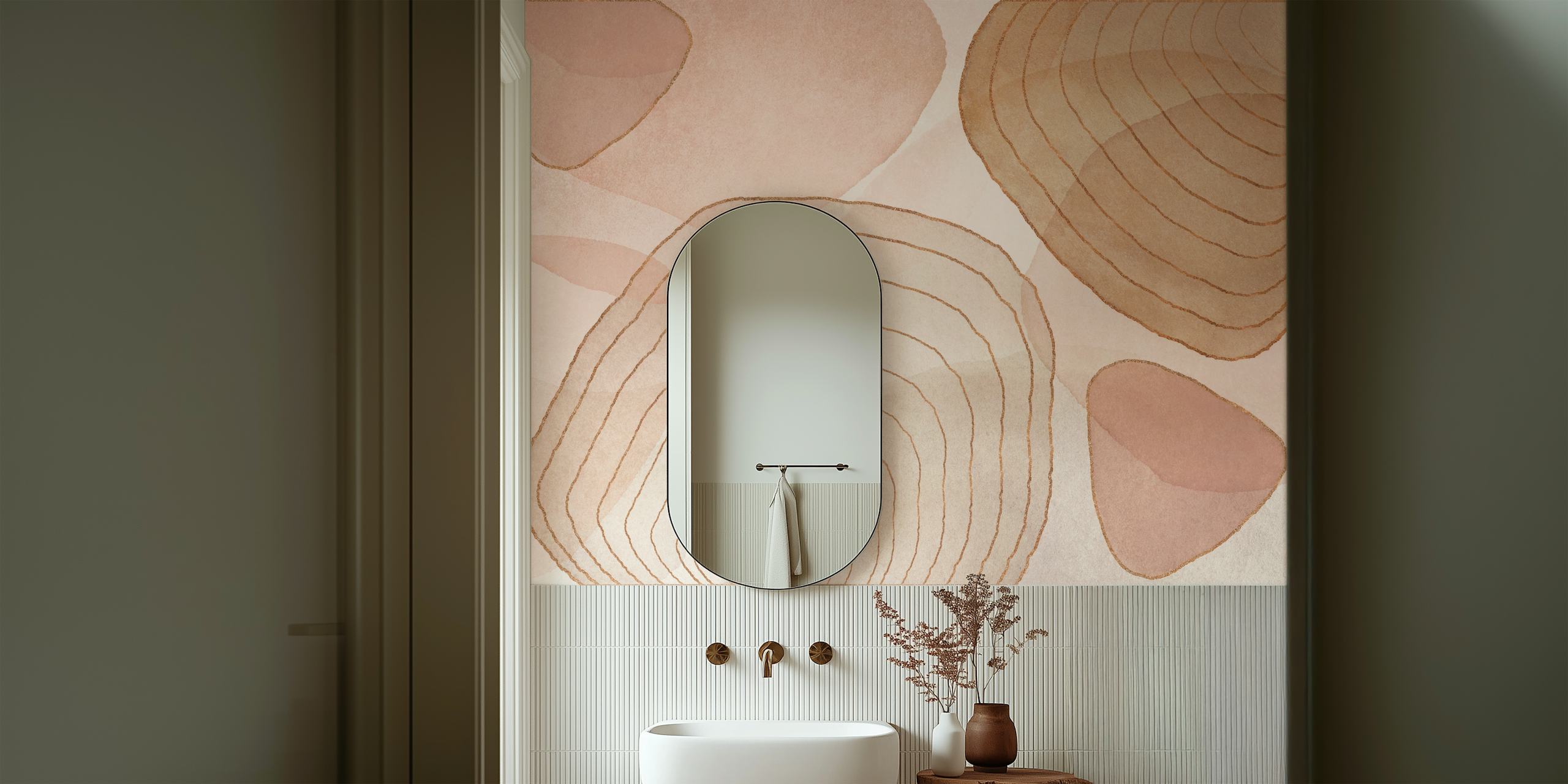 Boho Mid Century Style wall mural in peach and blush with geometric patterns
