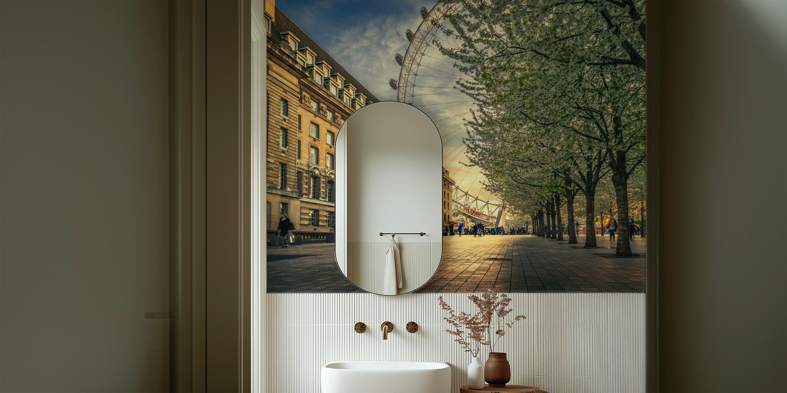 Warm sunset over London Eye with blossoming trees wall mural