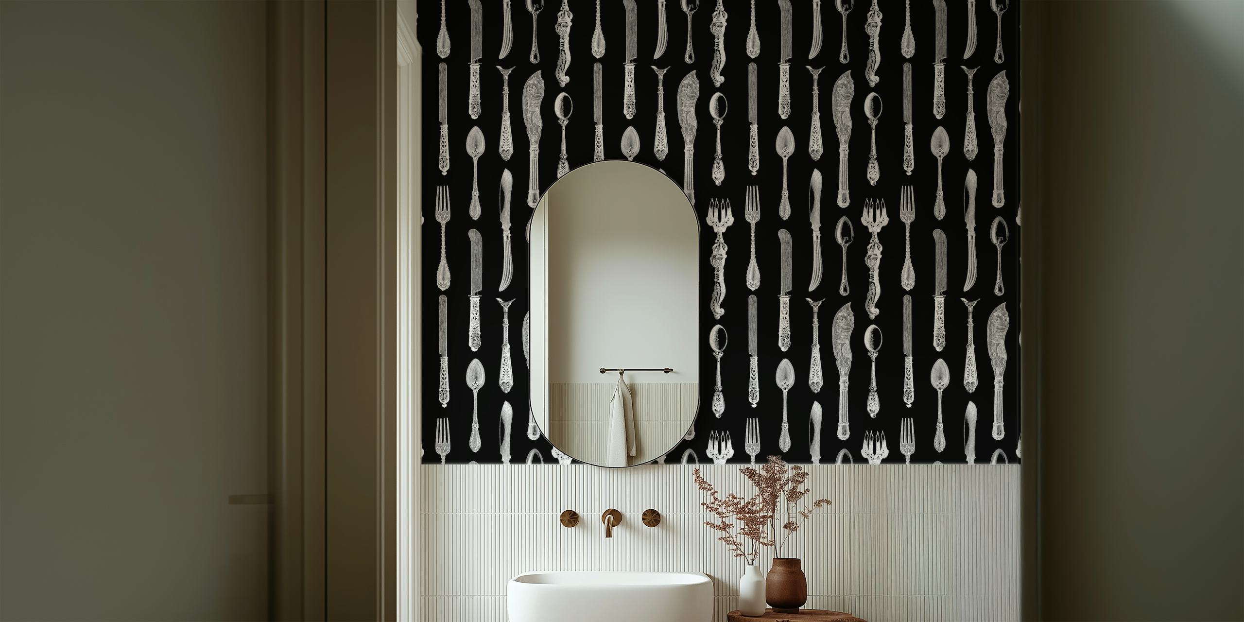 Historic silverware pattern in black and white wallpaper
