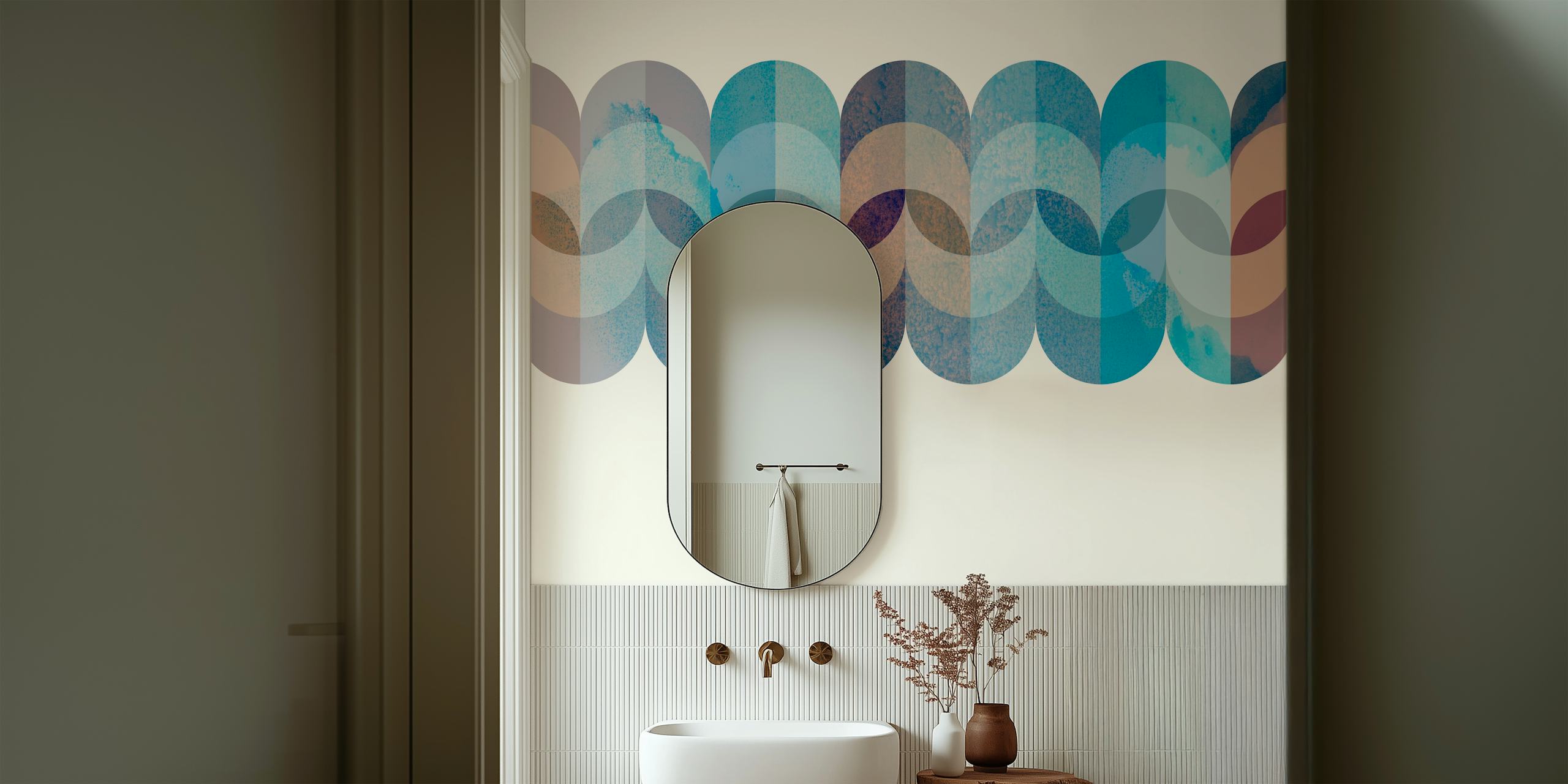 Vivid sea foam mid-century geometry wallpaper in a room
