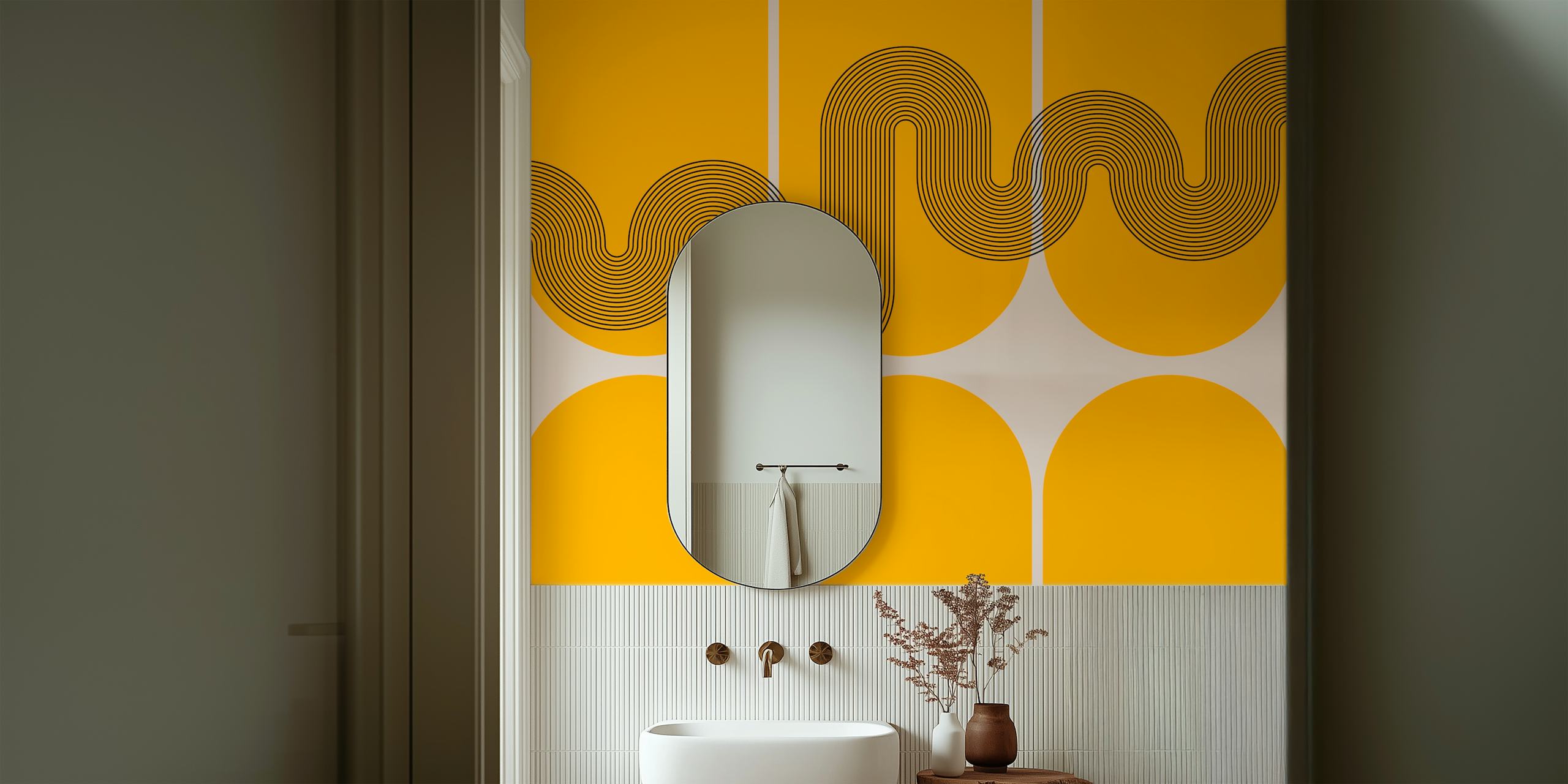Papel de parede colorido de meados do século em um quarto