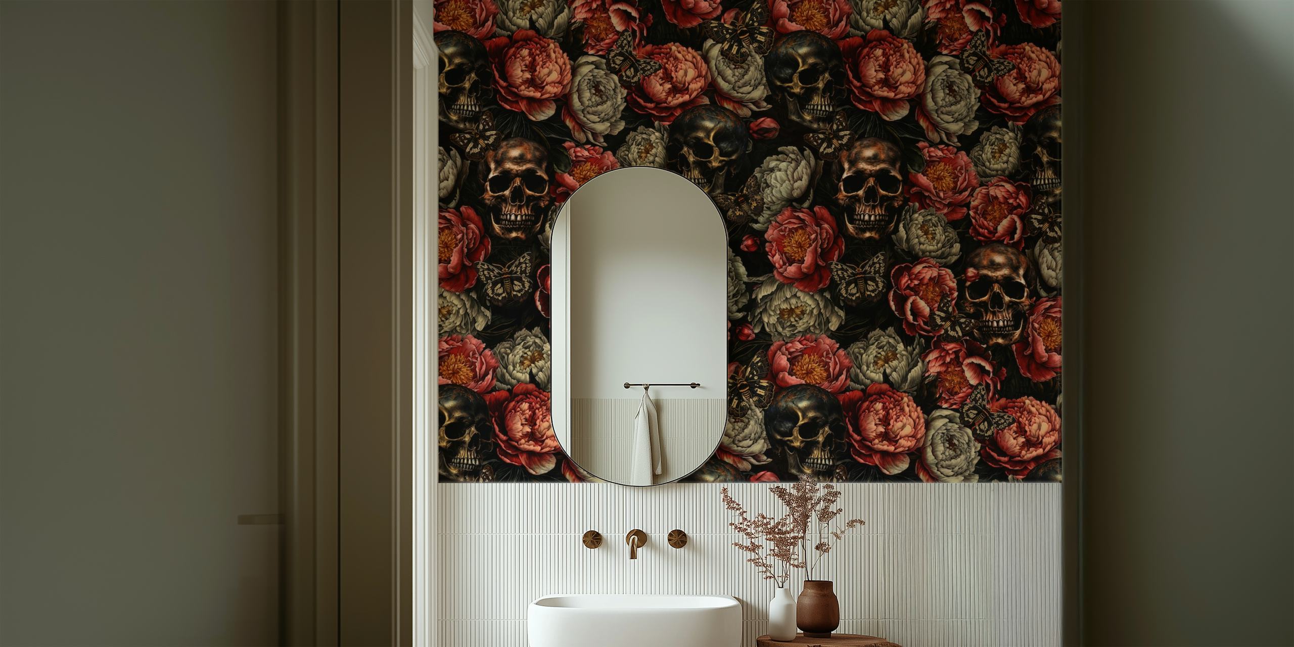Skulls with colorful flowers on a dark background wallpaper