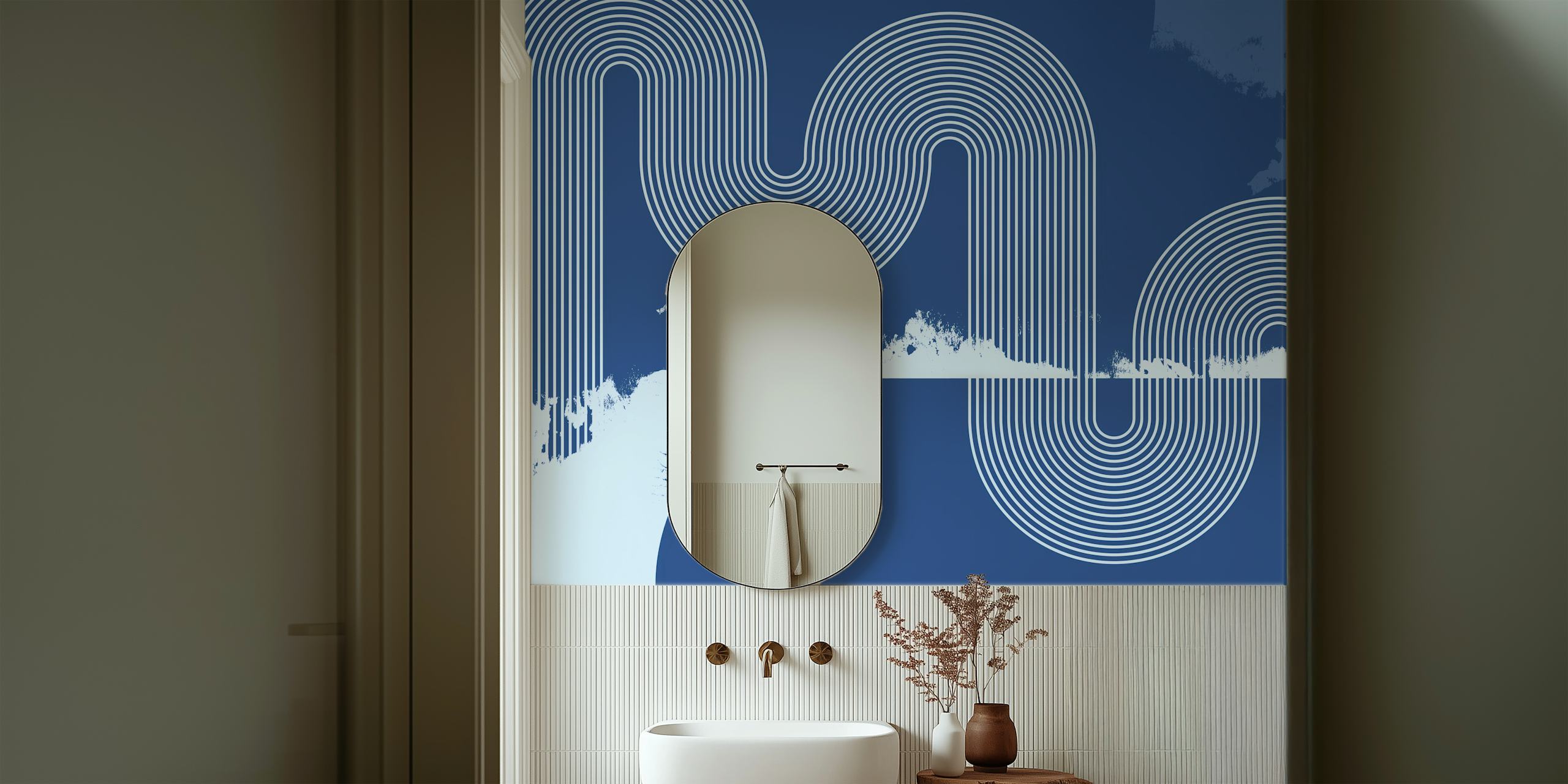 Mid Century Modern Curvy Lines Blue wallpaper in a room