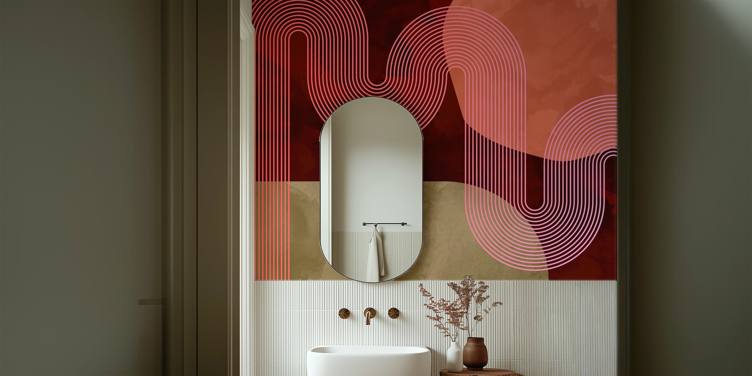 Curvy lines in pink and earthy tones wallpaper