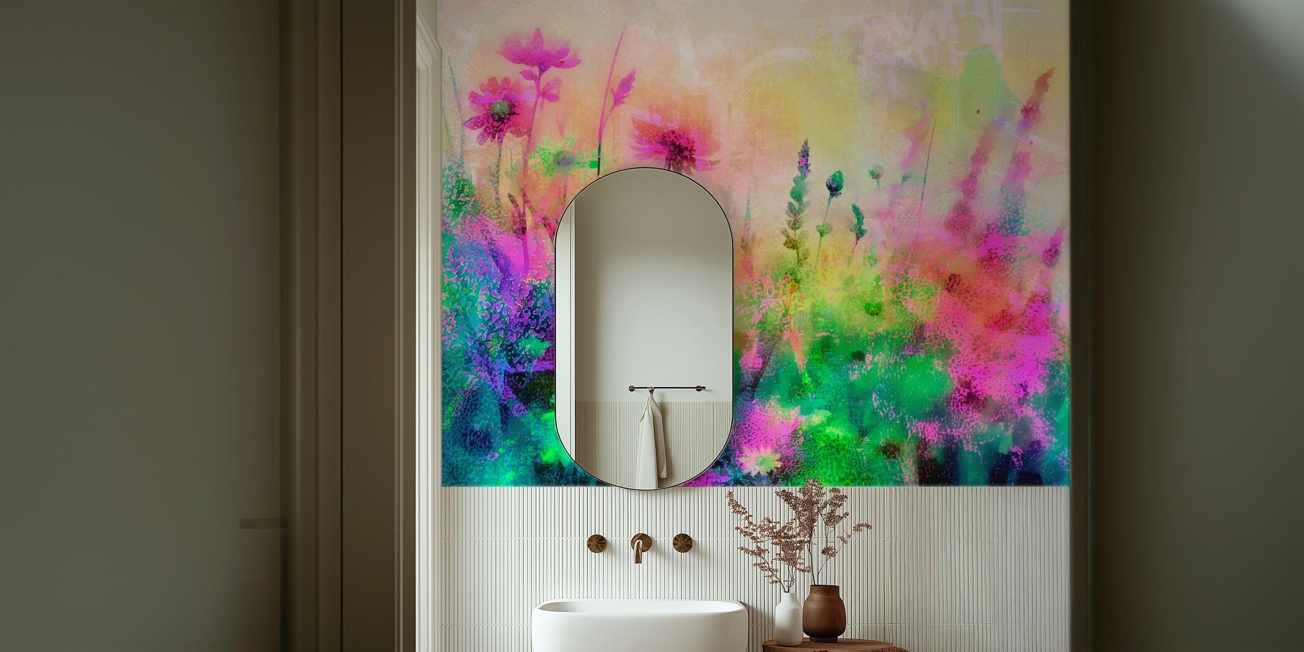 Vibrant floral design with pink and green hues wallpaper
