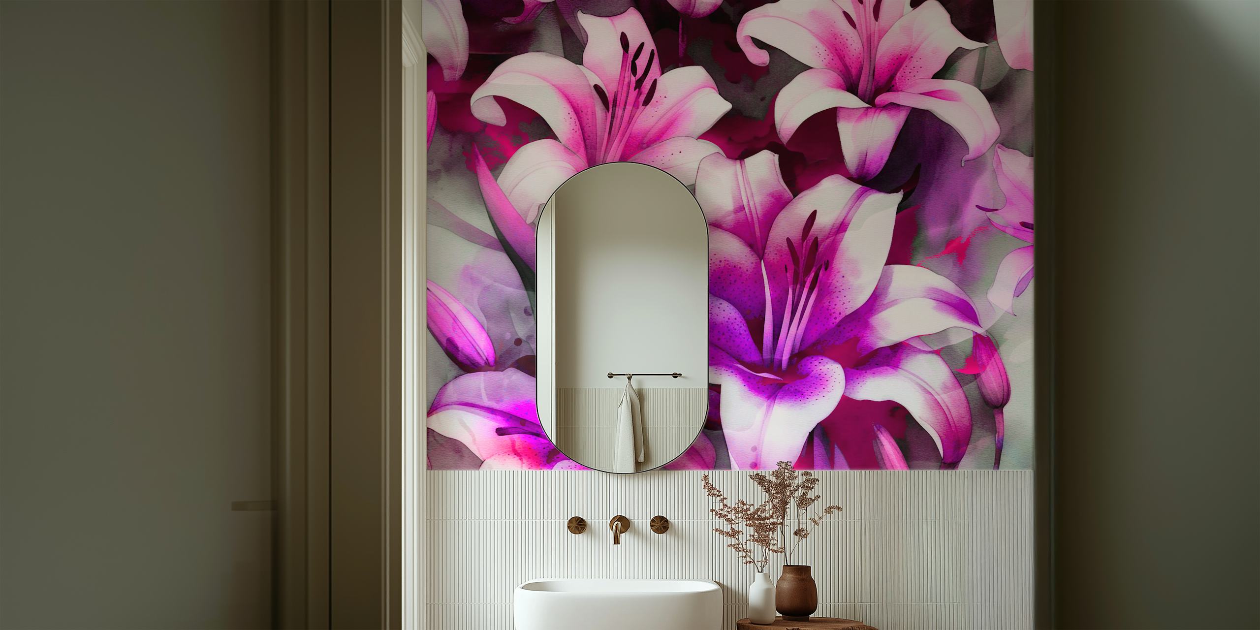 Watercolor floral wallpaper featuring pink lilies on a soft background