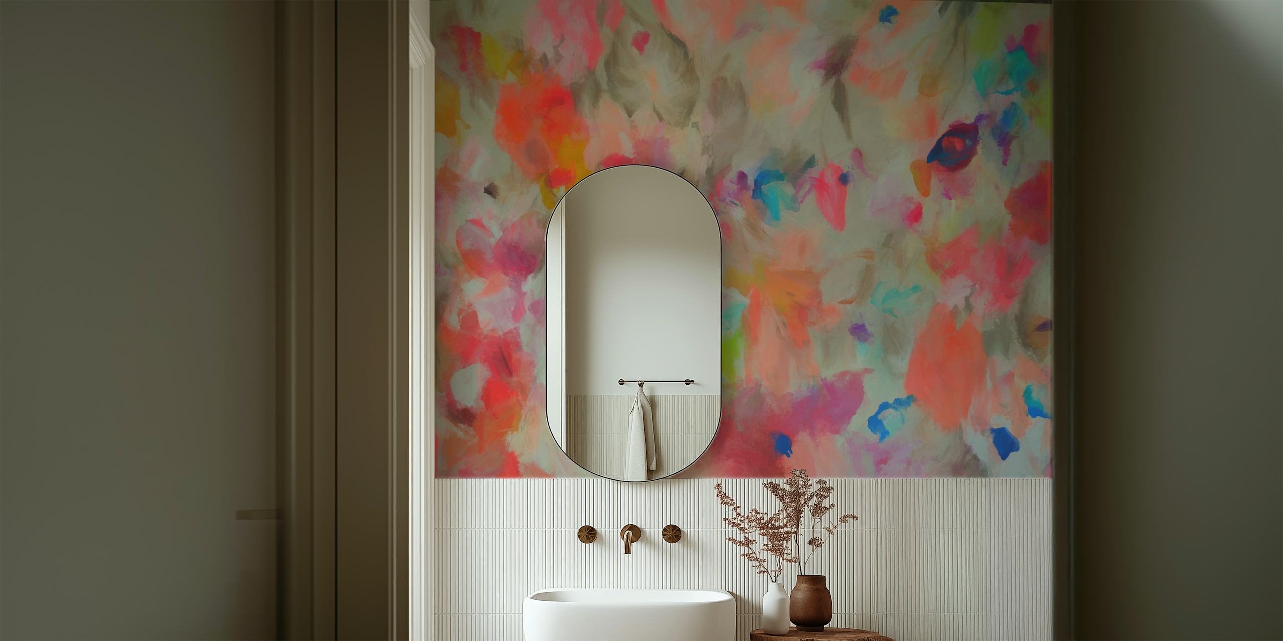 Colorful abstract floral shapes in pink, orange, and blue wallpaper