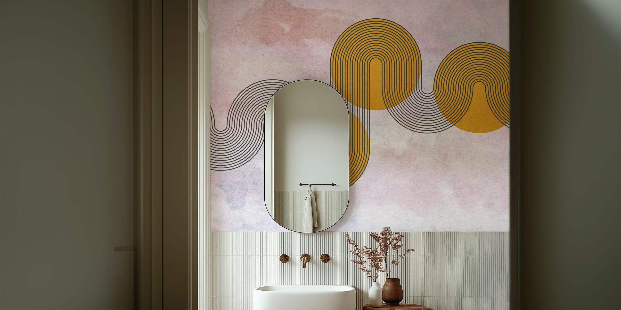 Black and gold abstract wallpaper featuring curved lines and circles