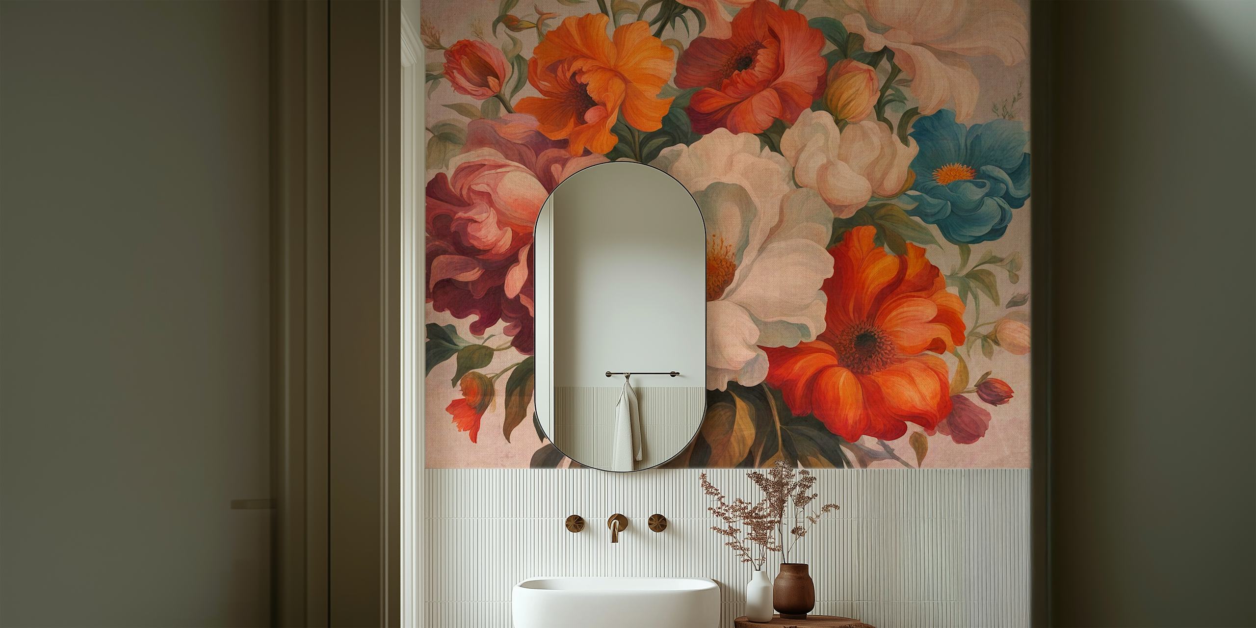 Moody Warm Baroque Flowers tapetti huoneessa
