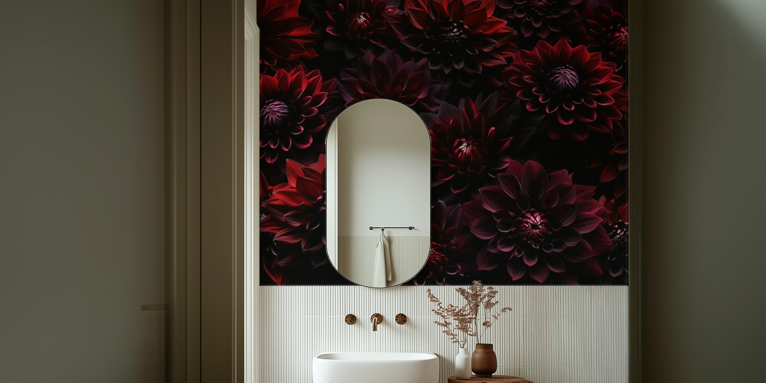 Dark burgundy dahlias in a baroque pattern wallpaper