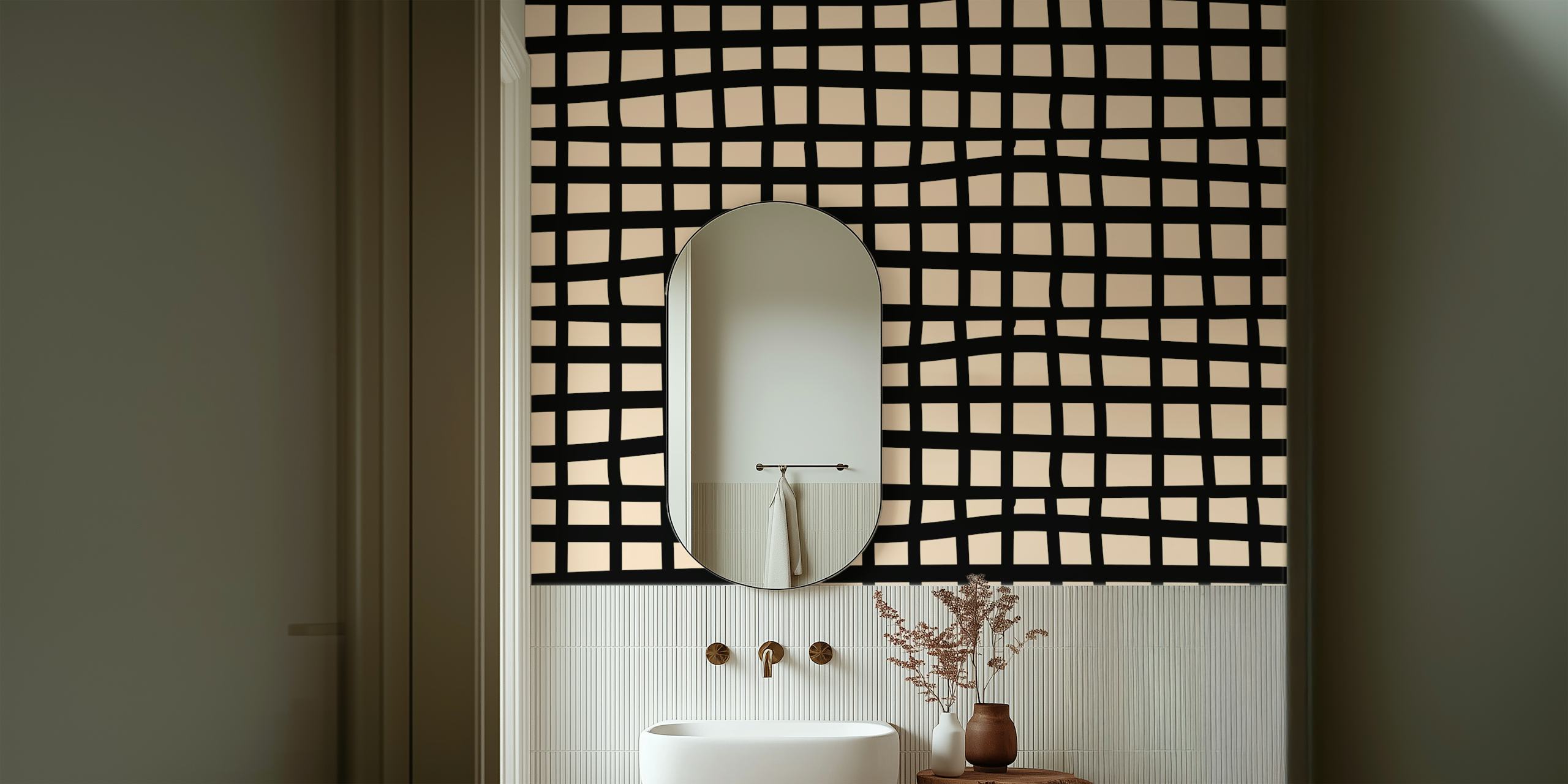 Abstract cream and black geometric wallpaper in a room