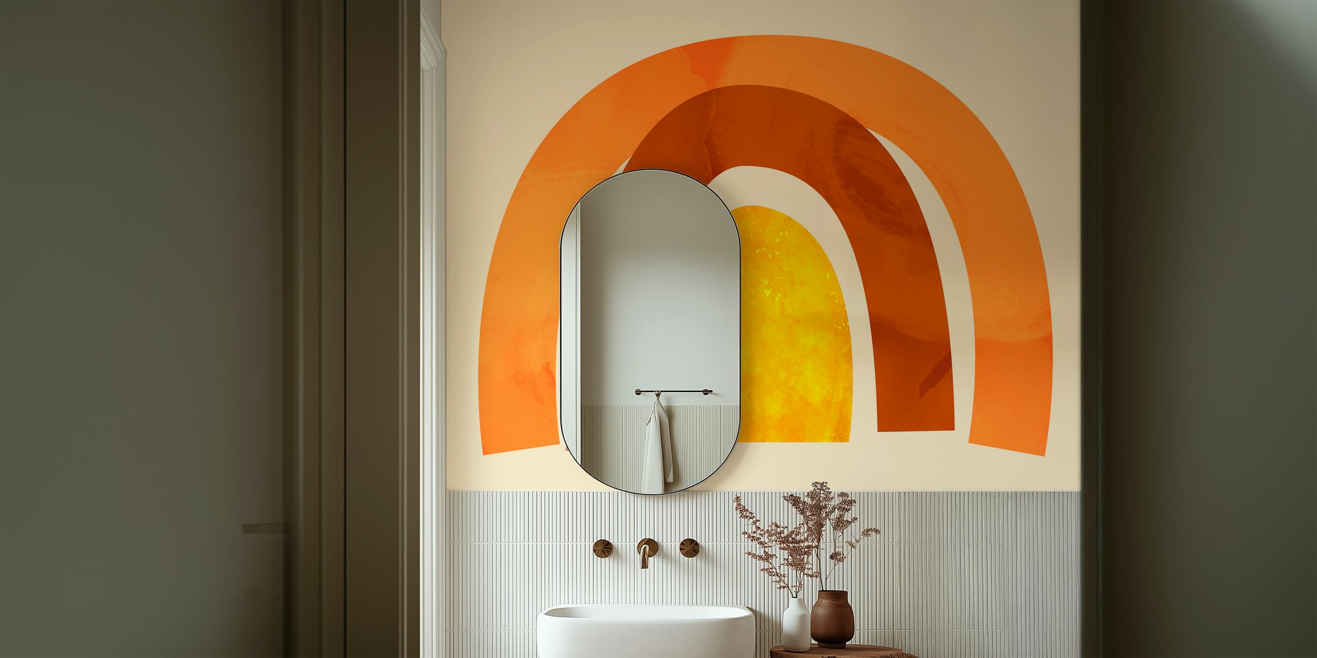 Retro-style rainbow wall mural with warm orange and yellow hues.