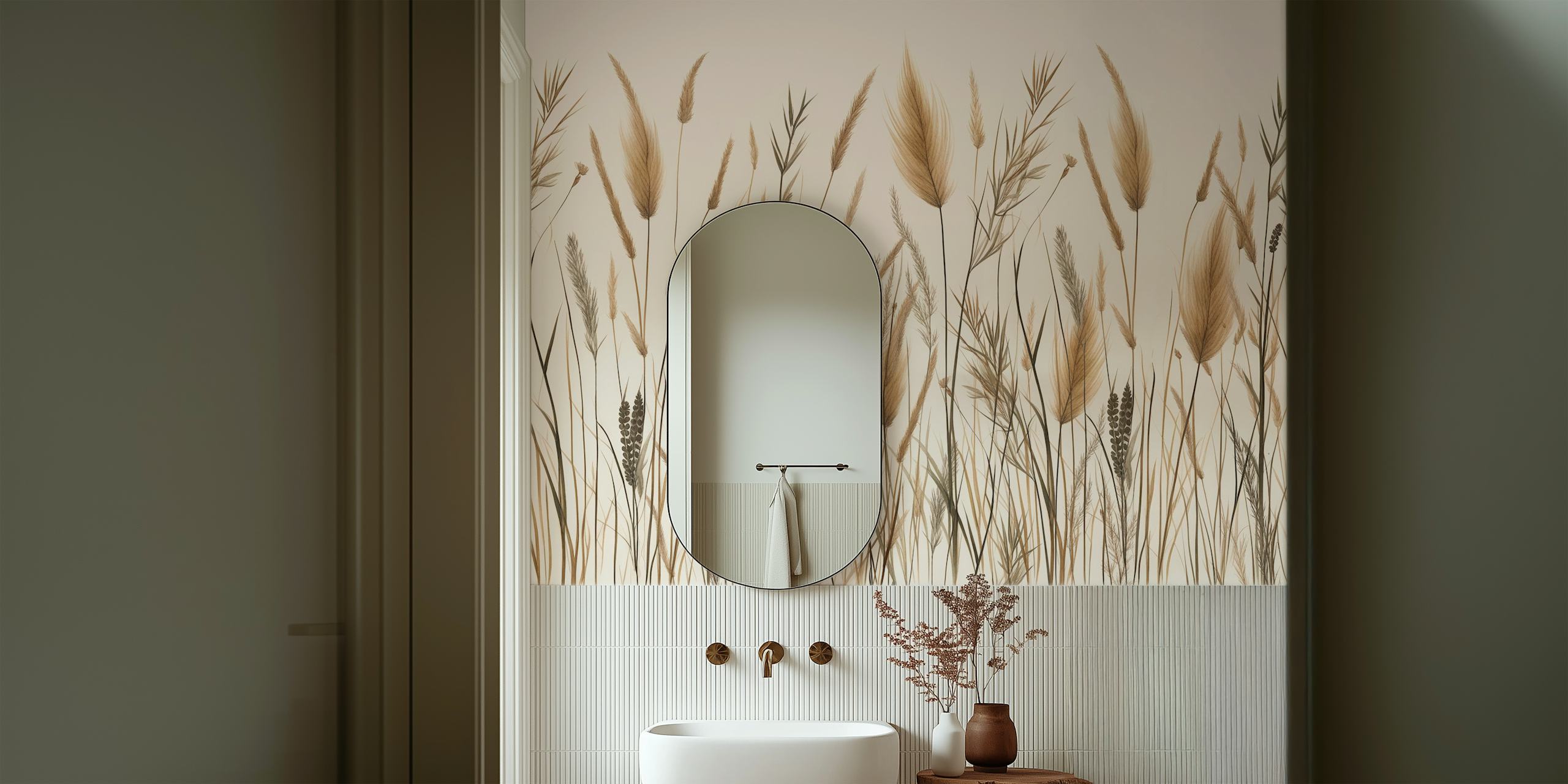 Wild Japandi Grass Botanical wall mural depicting elegant grasses on a neutral background