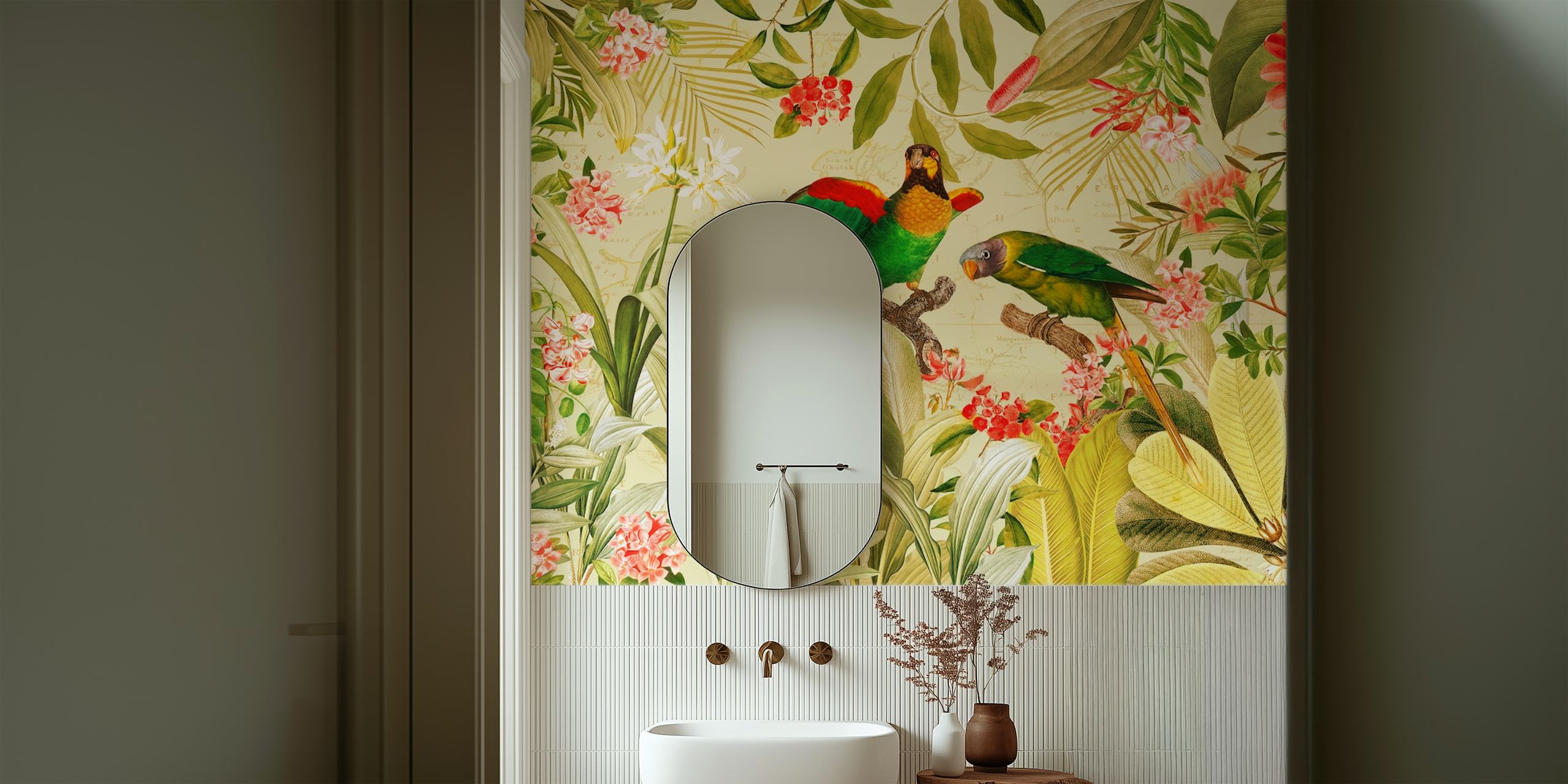 Tropical birds with colorful feathers, green leaves and flowers wallpaper