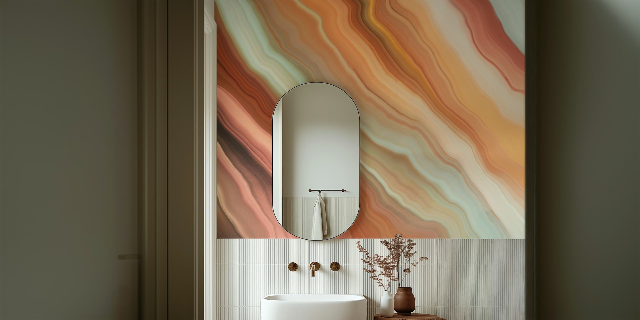 Modern marble watercolor design in peach, brown, and teal tones wallpaper