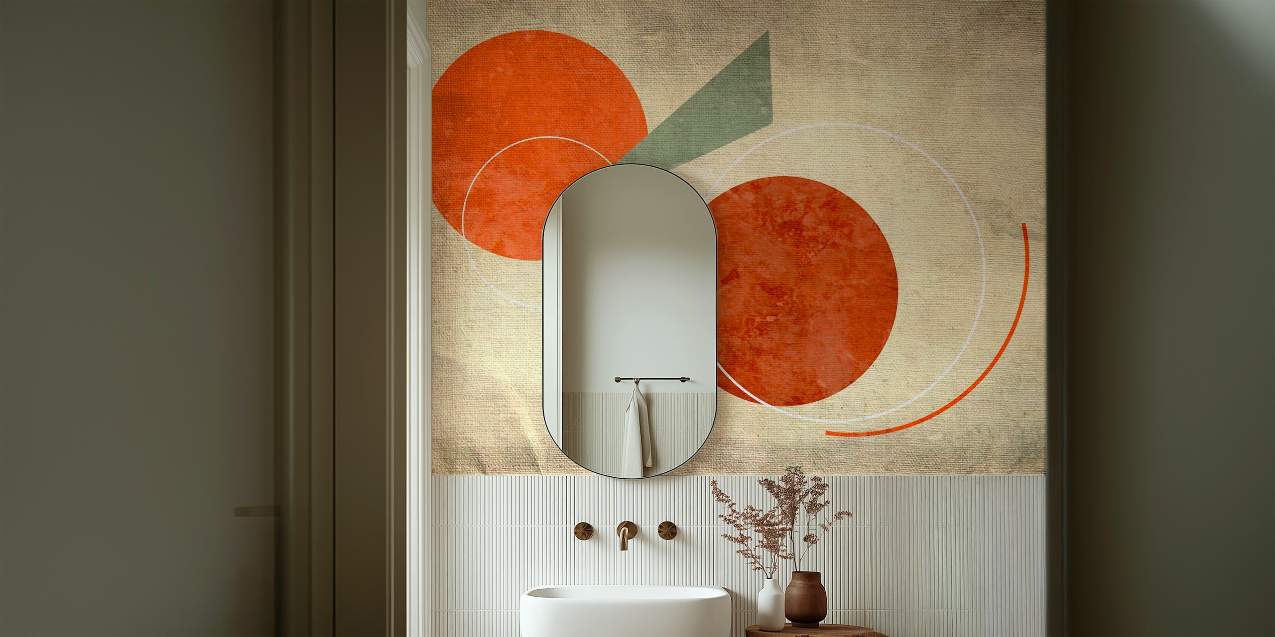 Mid-century geometric design featuring orange circles and green triangle wallpaper