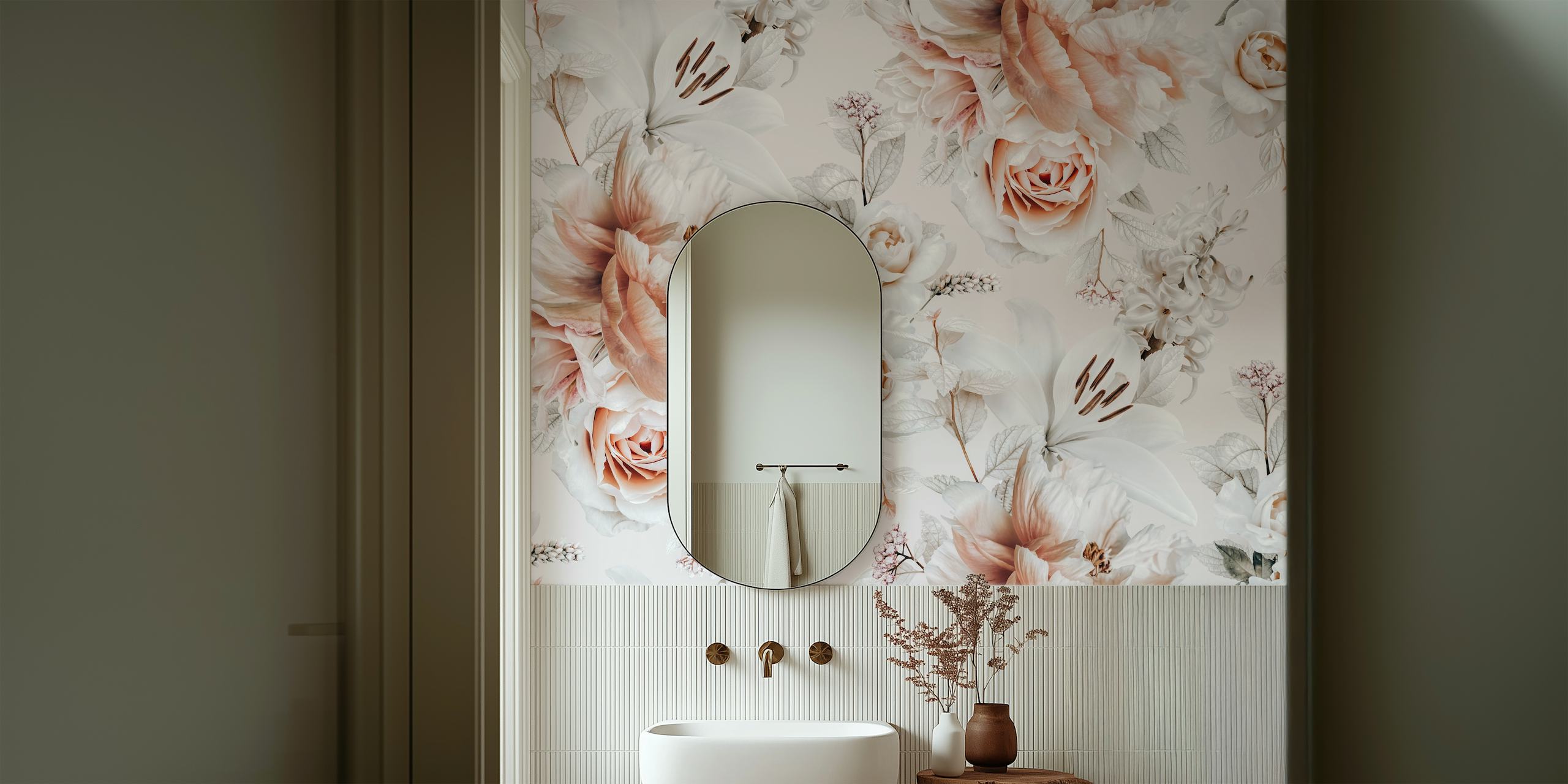 Pink floral wallpaper with roses and lilies in soft tones