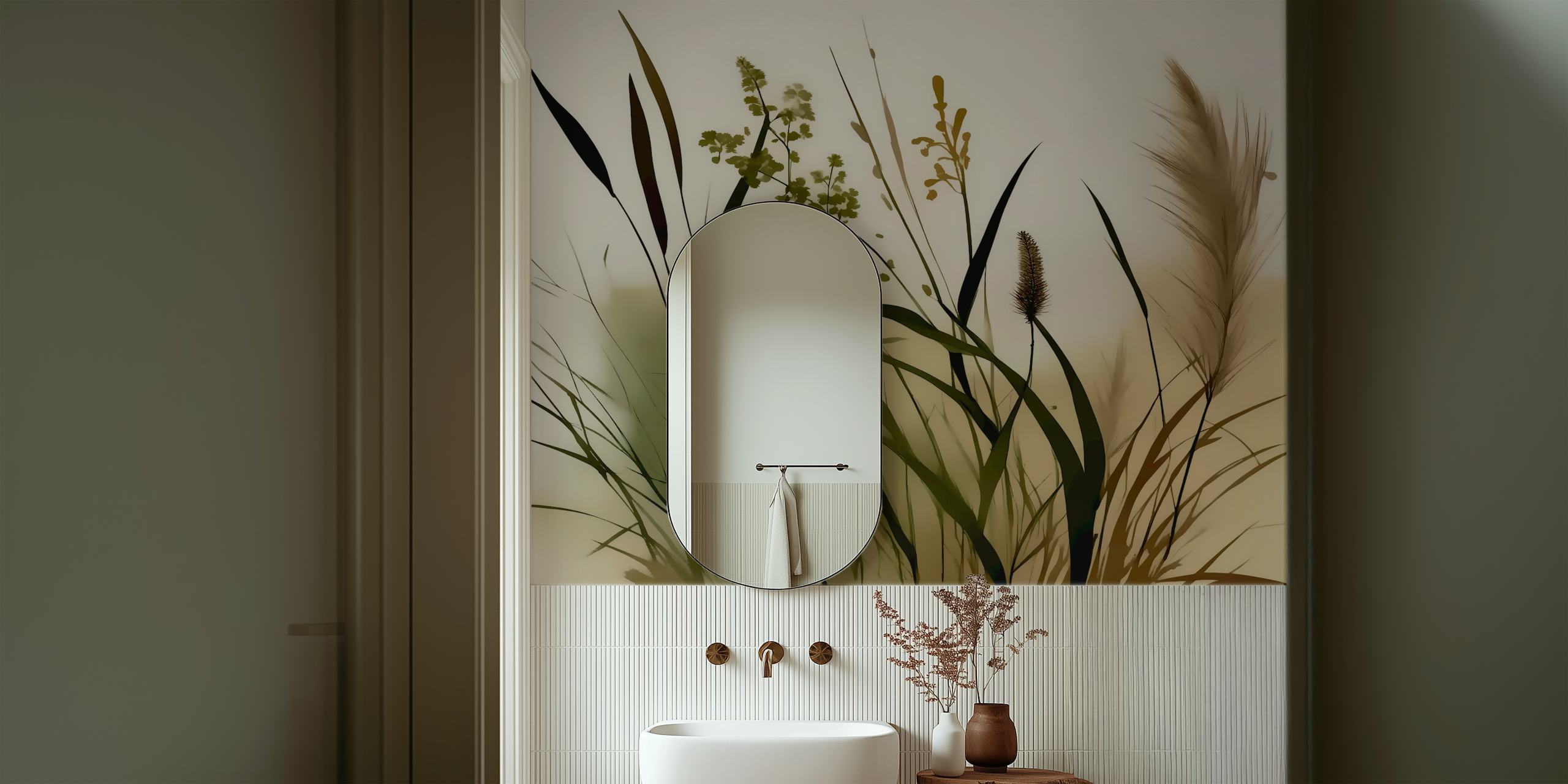 Moody botanical wallpaper featuring green foliage and soft neutrals