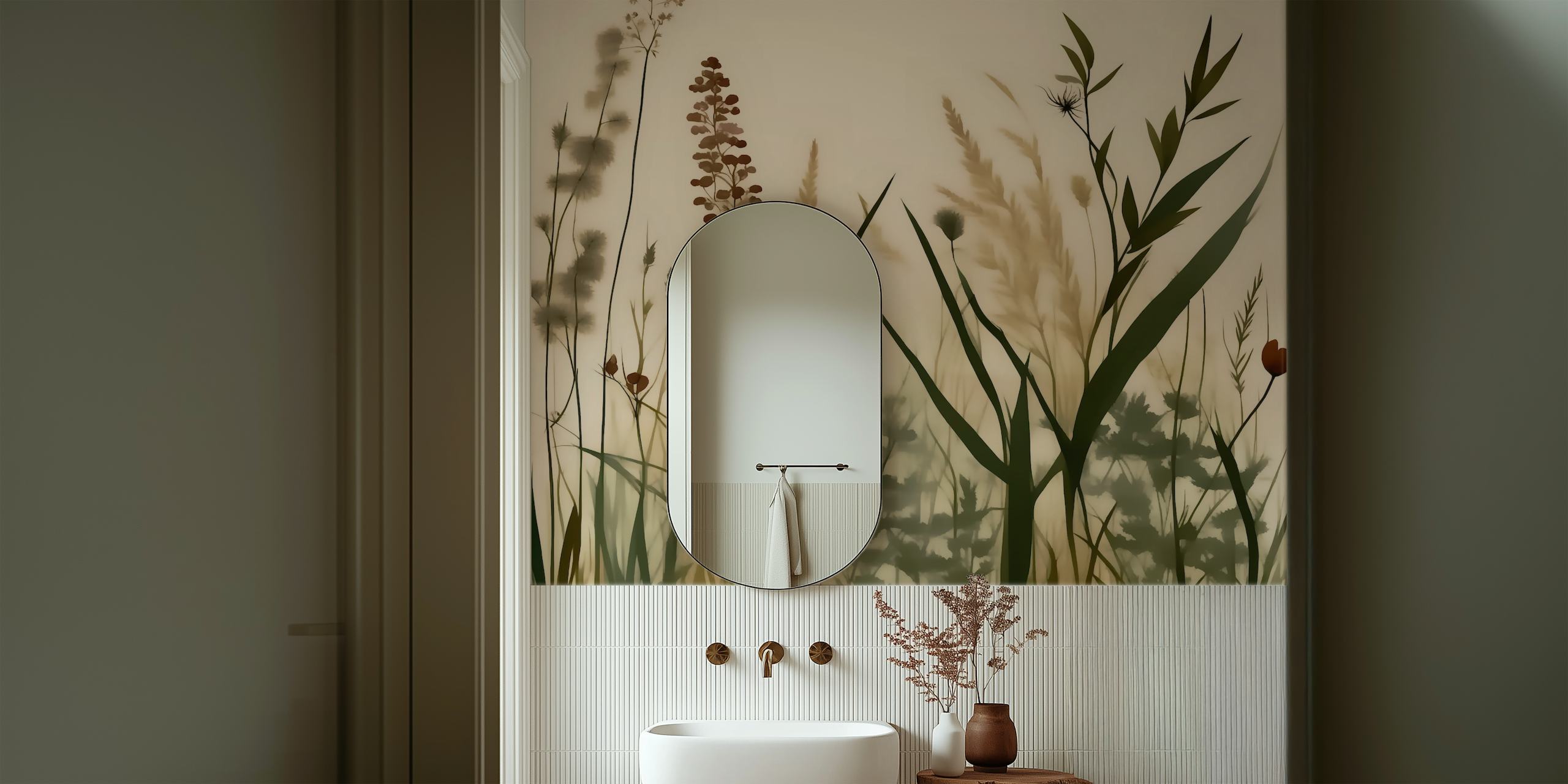 Minimalist floral Japandi-inspired wall mural with Scandinavian elements