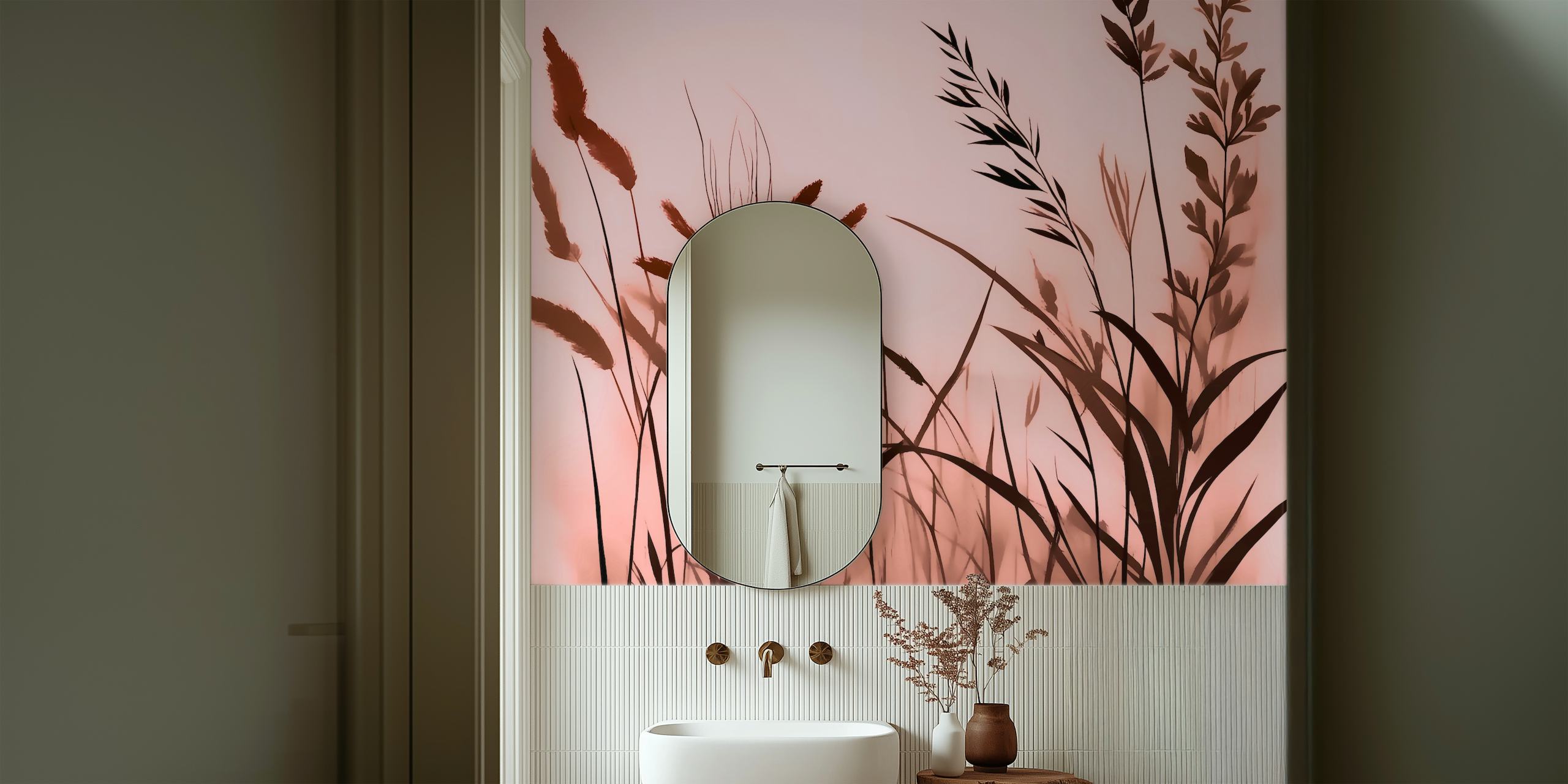 Silhouettes of dried wildflowers in shades of pink and brown wallpaper