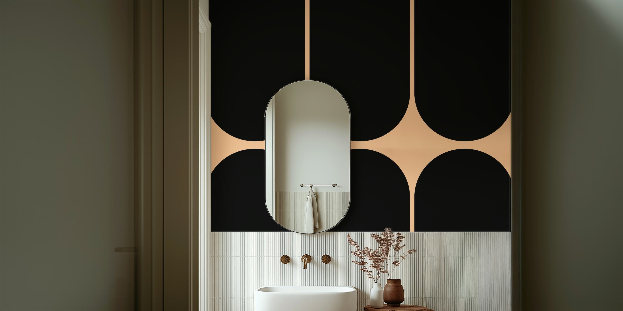 Mid-Century Modern Geometric Shapes Wall Mural in Black and Beige