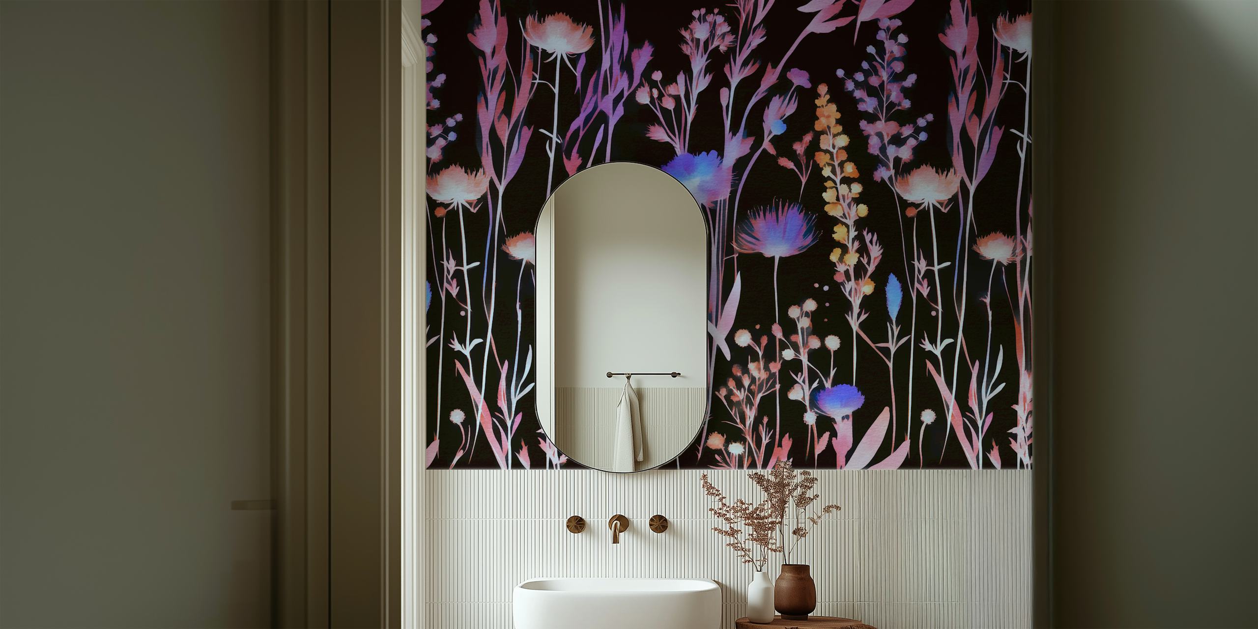 Vivid moody wildflowers wallpaper in a room
