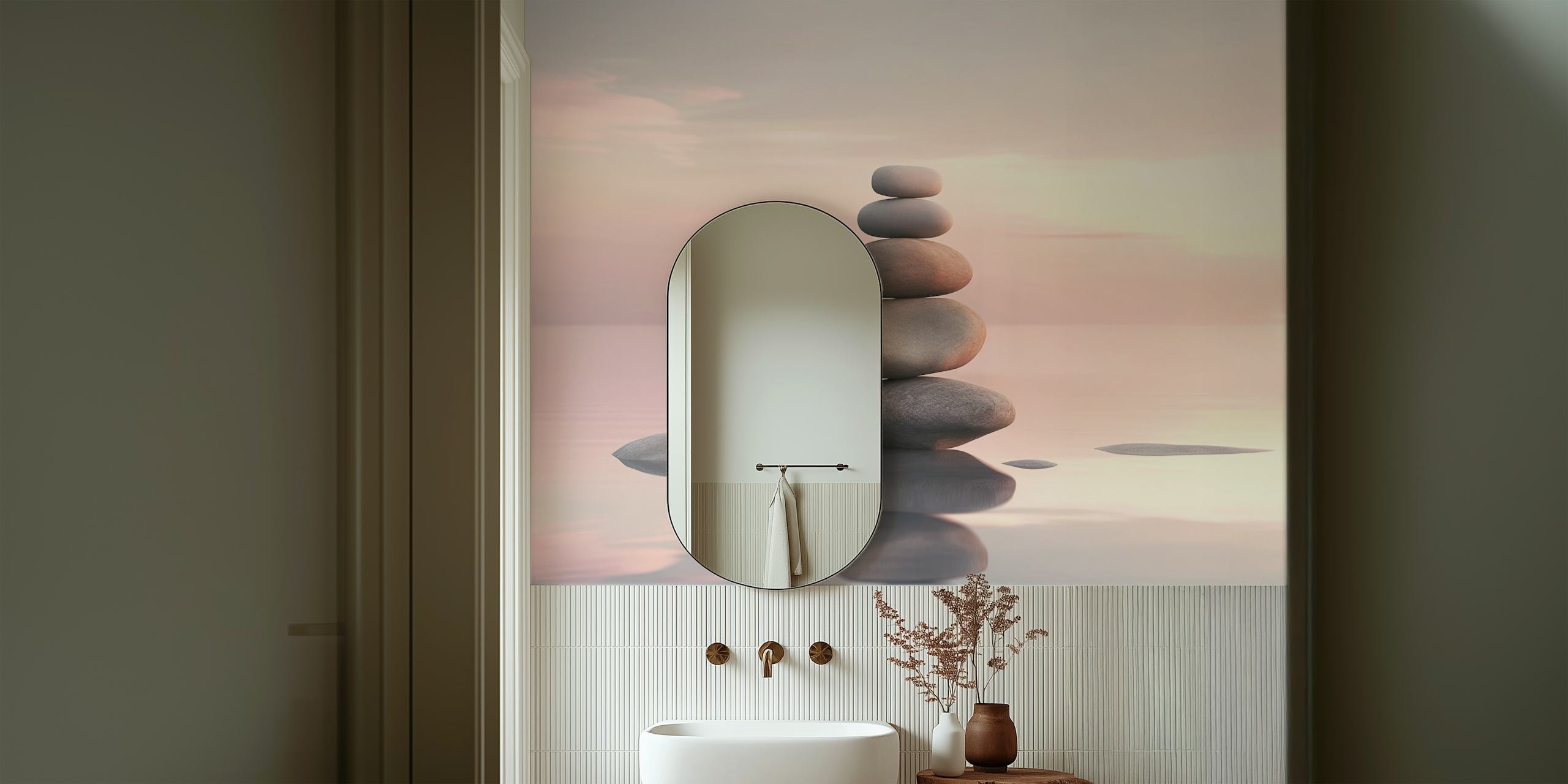 Zen sunset steen cairn behang in een kamer