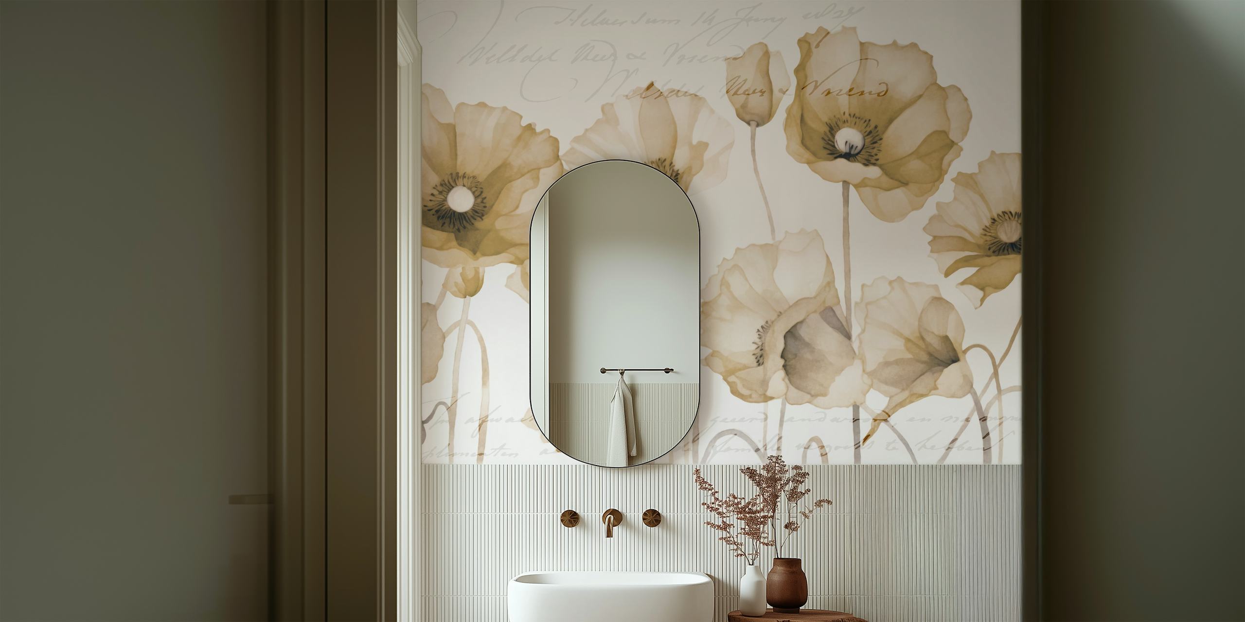 Soft beige floral poppy wallpaper with elegant design