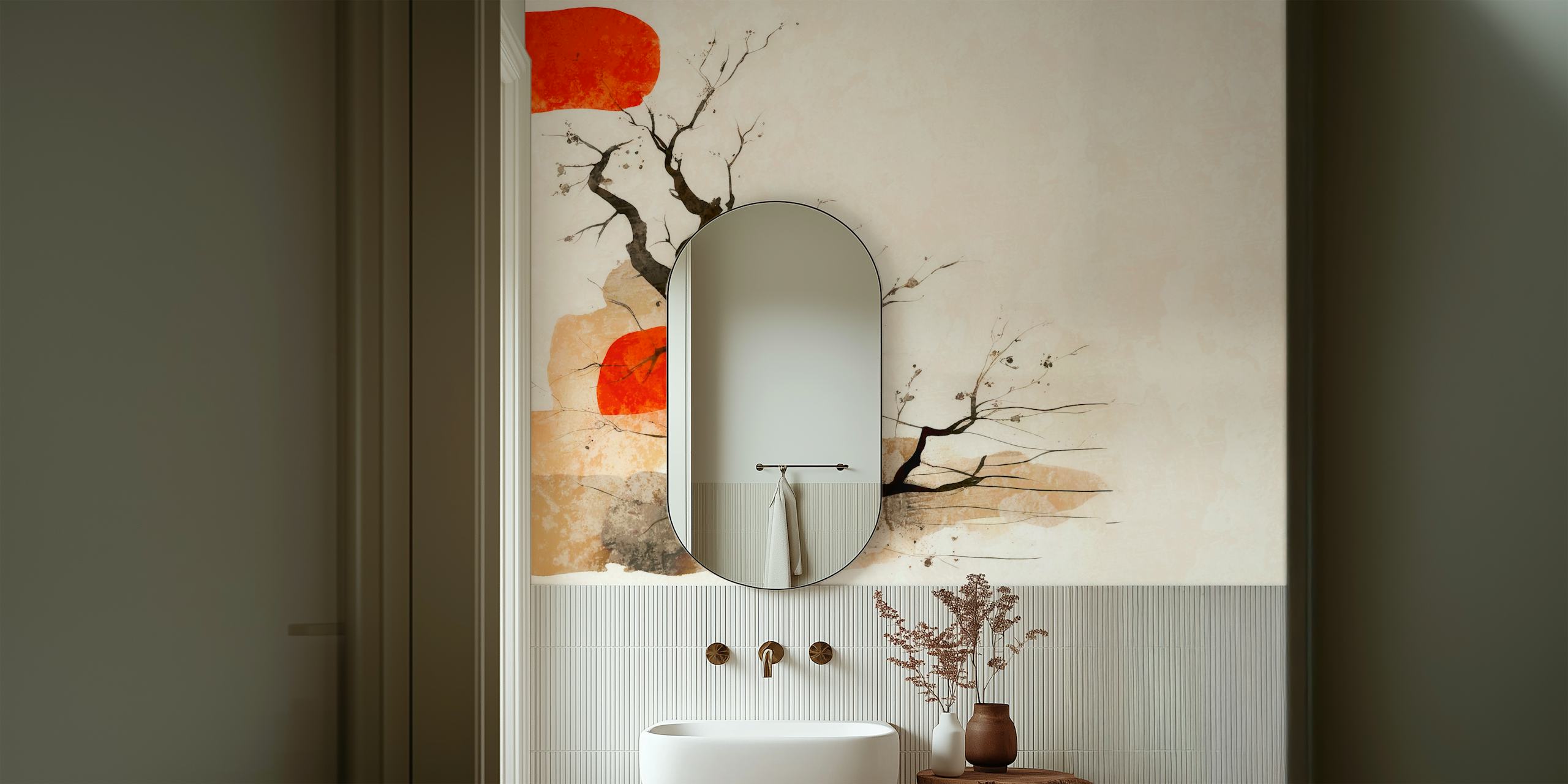 Wabi Sabi forest scene with red and beige tones wallpaper