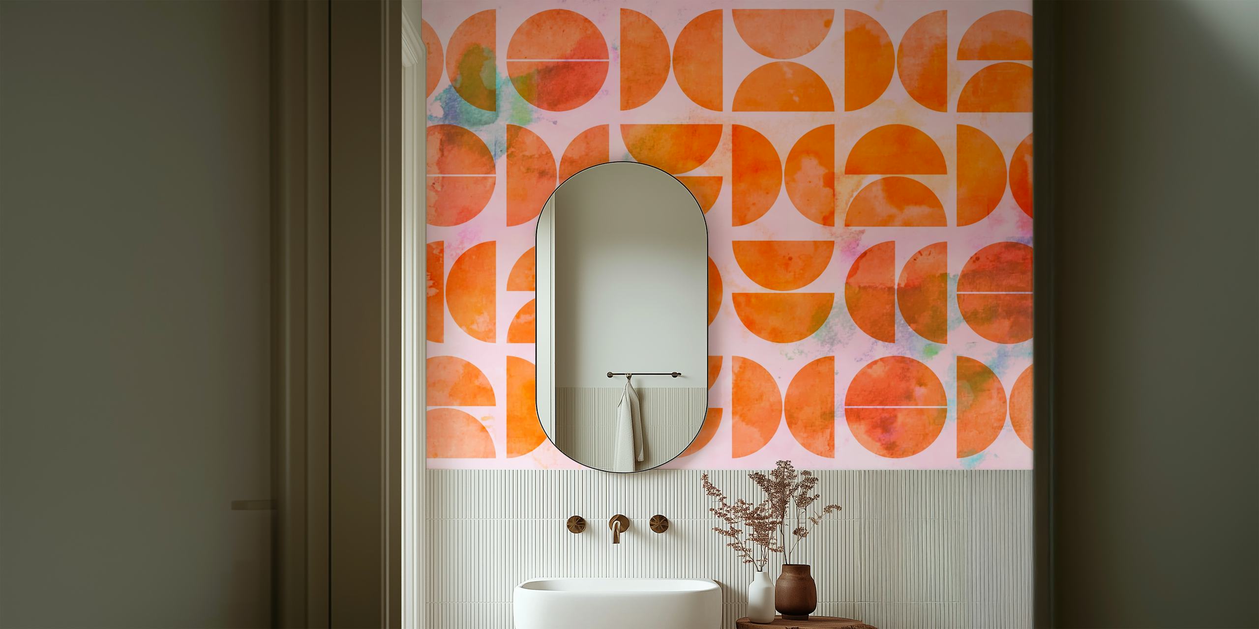 Geometric patterns in orange and teal on pink wallpaper