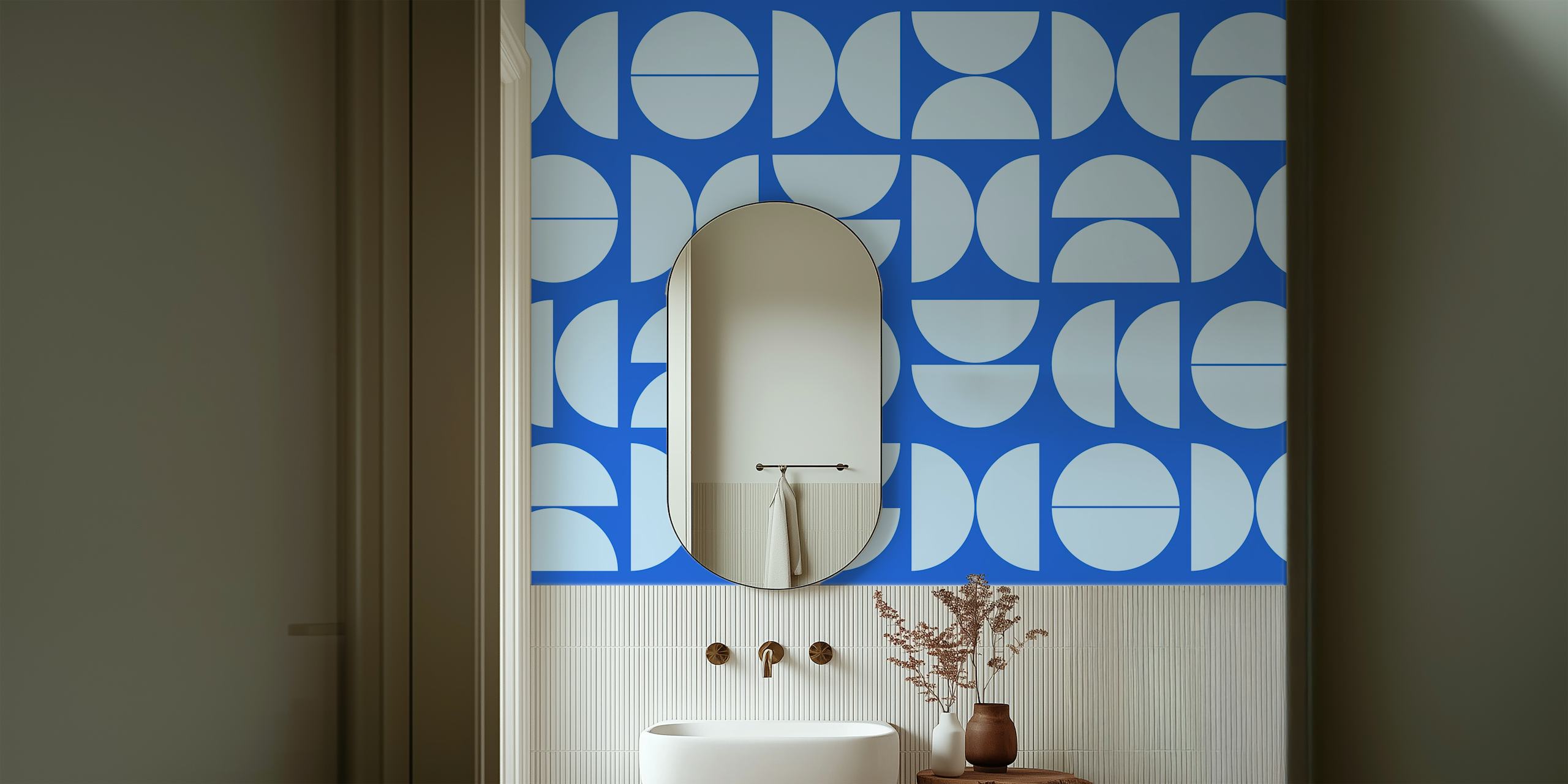 Modern blue geometric wallpaper in a room