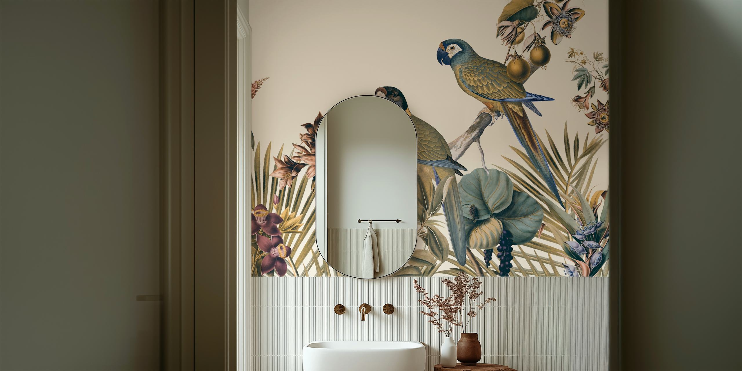 Tropical parrots and botanical elements in muted tones wallpaper