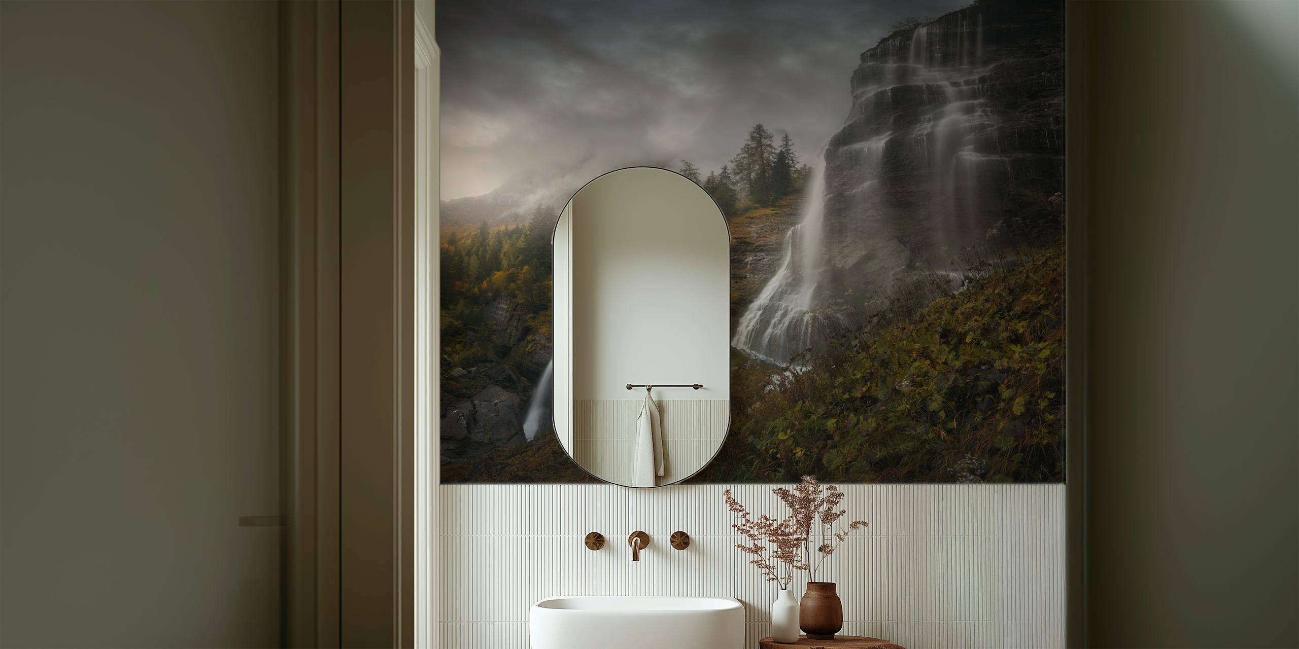 Majestic waterfall cascading down rocky mountain landscape wallpaper