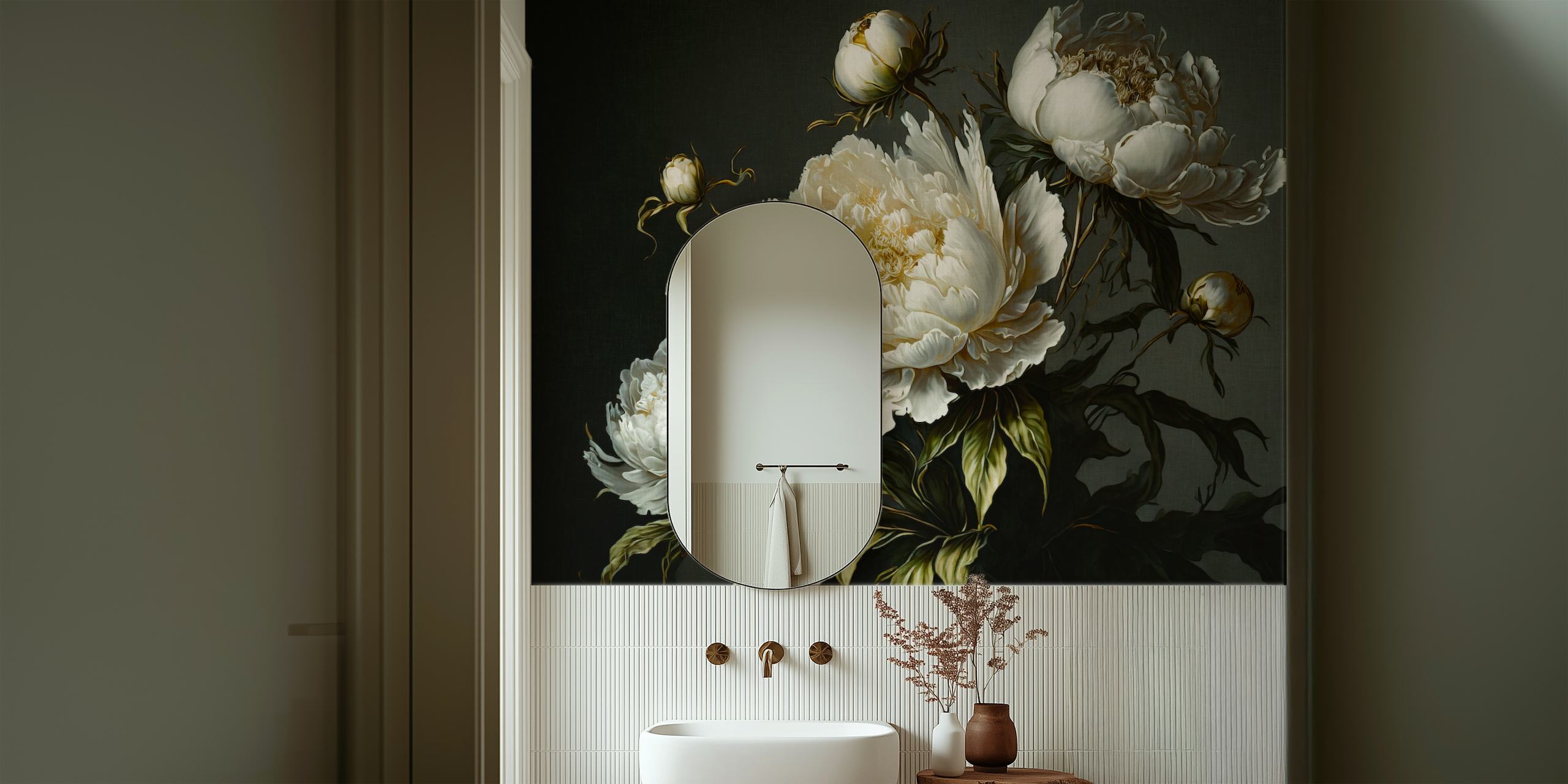 Huge white baroque peonies tapet i et rum