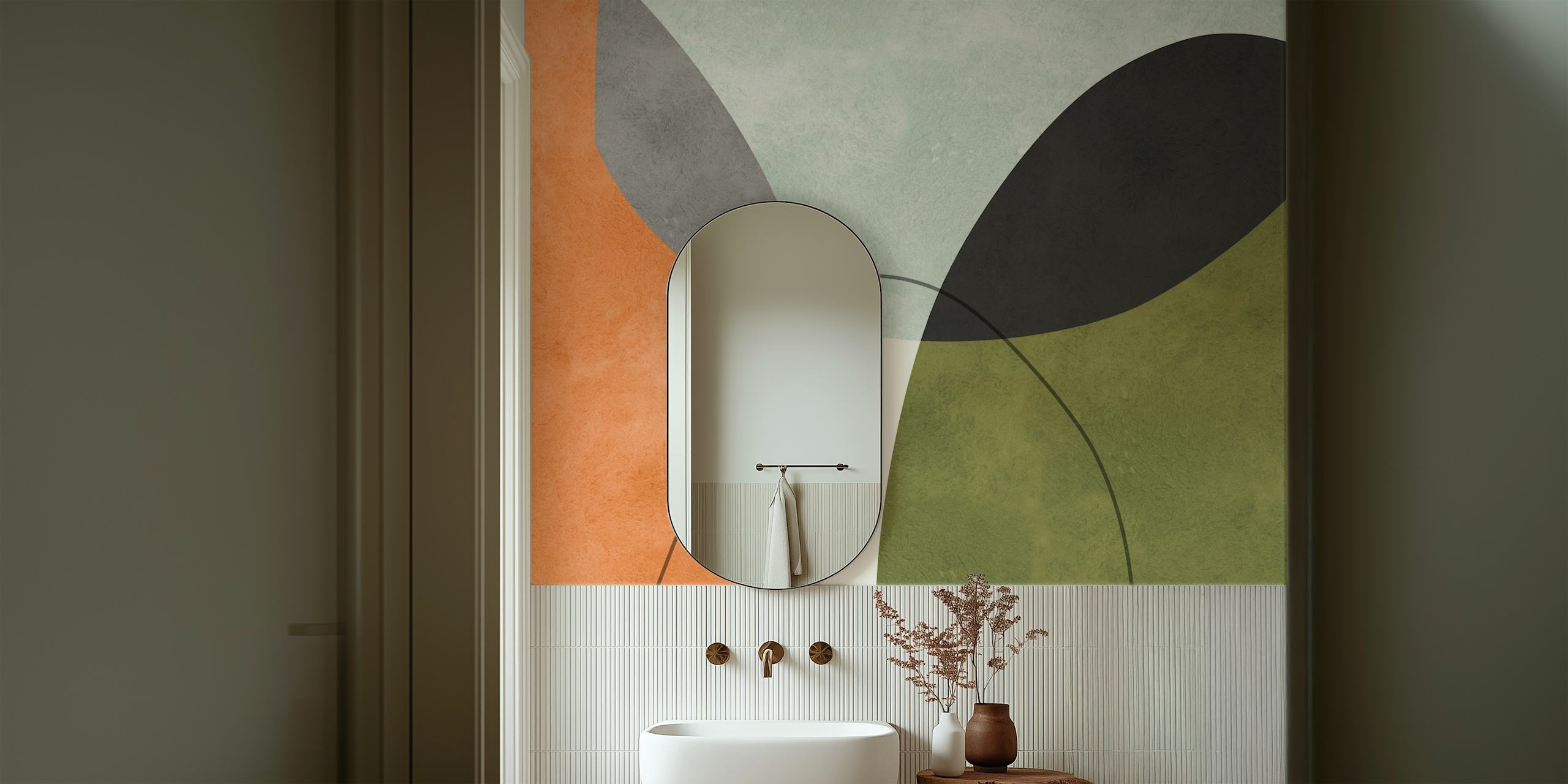 Boho Shapes 6 abstract wall mural with terracotta, charcoal, and green shapes