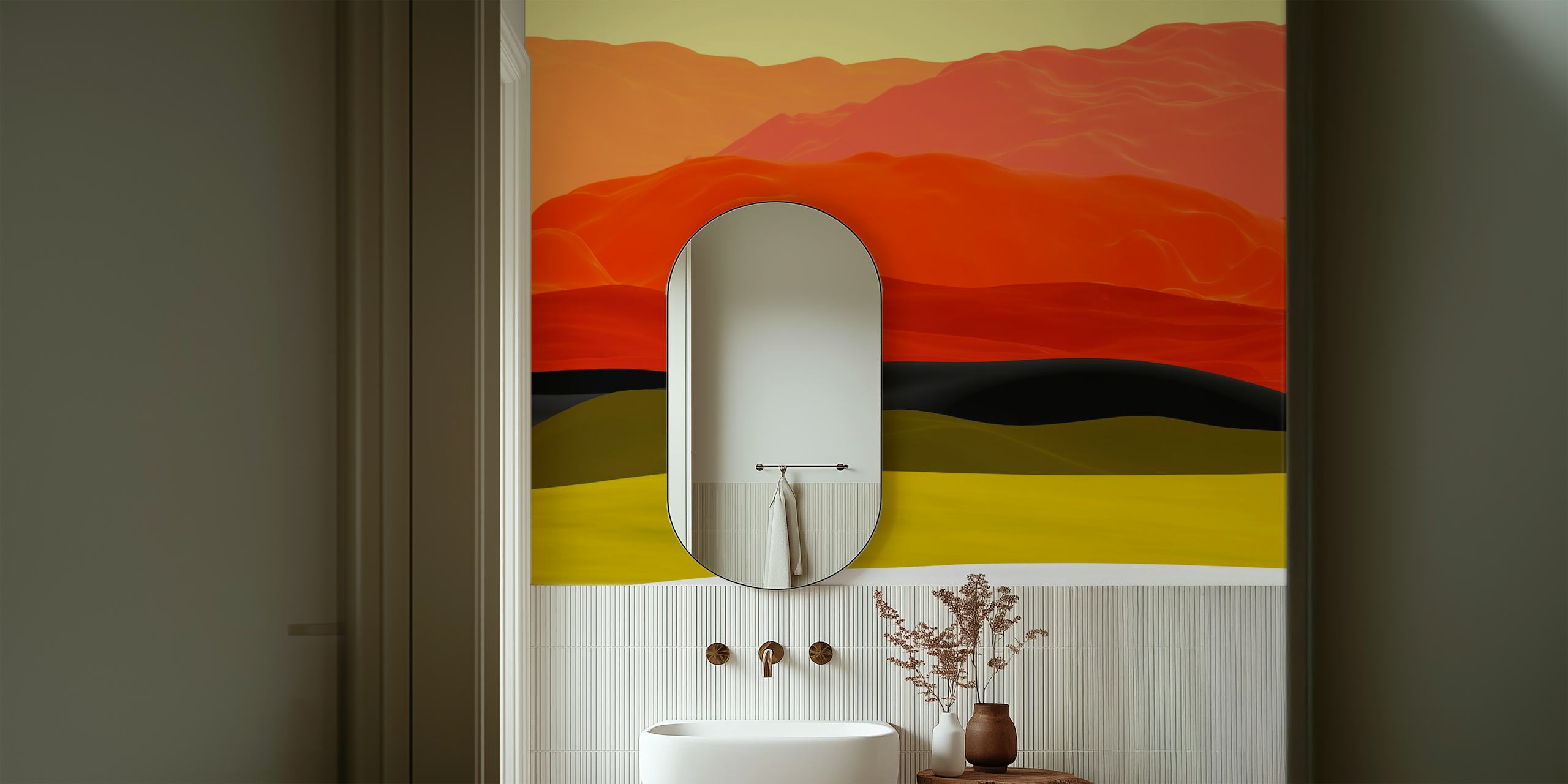 Abstract mountains design in red, yellow, black, and white wallpaper