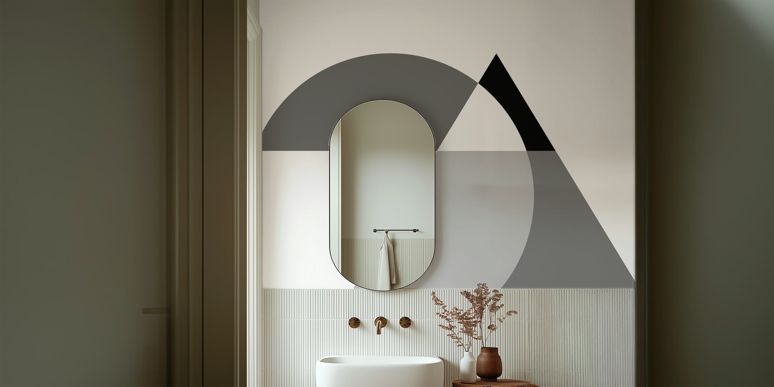 Black and white geometric abstract wallpaper in a room