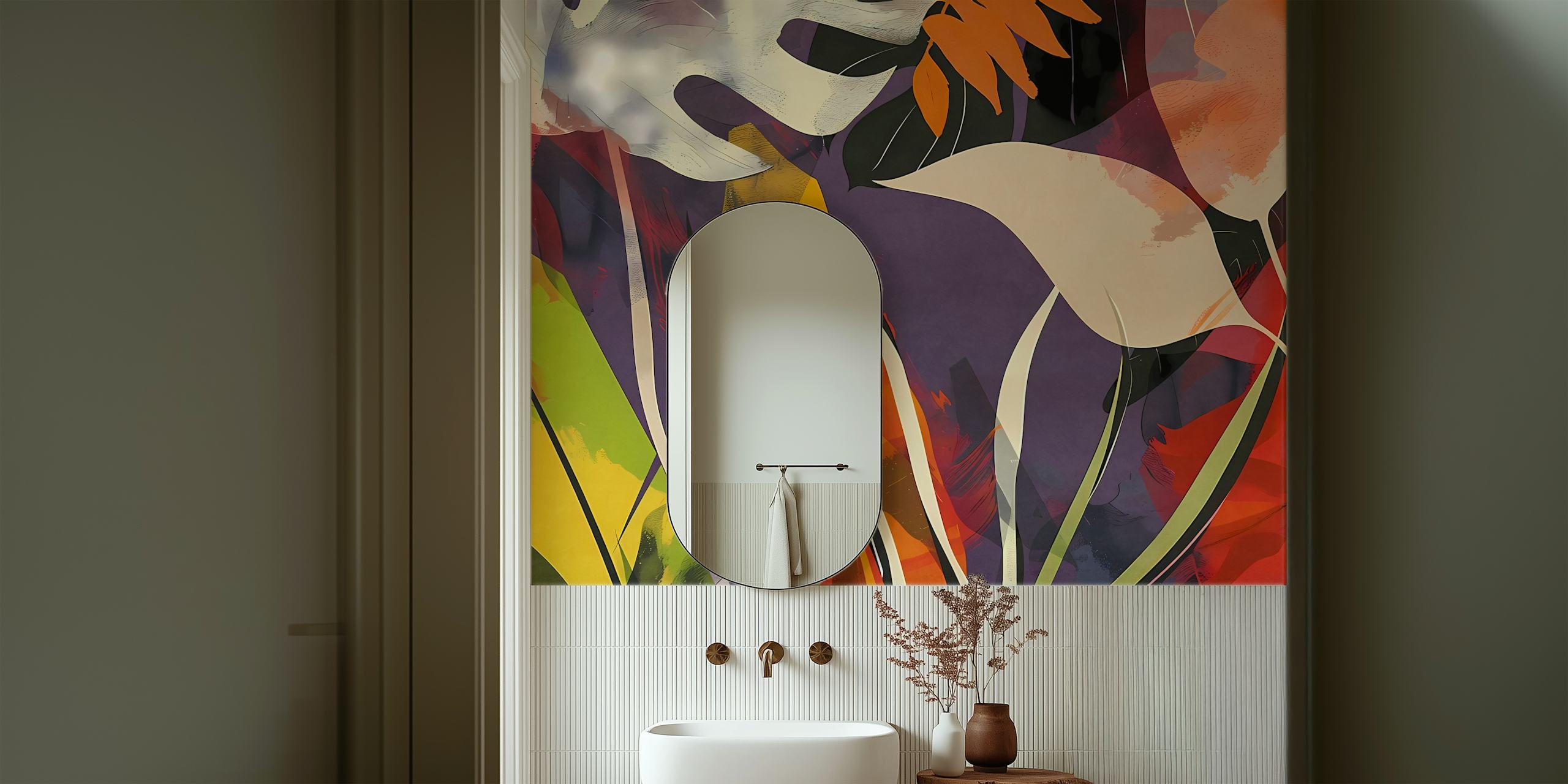 Abstract tropical foliage wall mural in rich purples, oranges, and greens