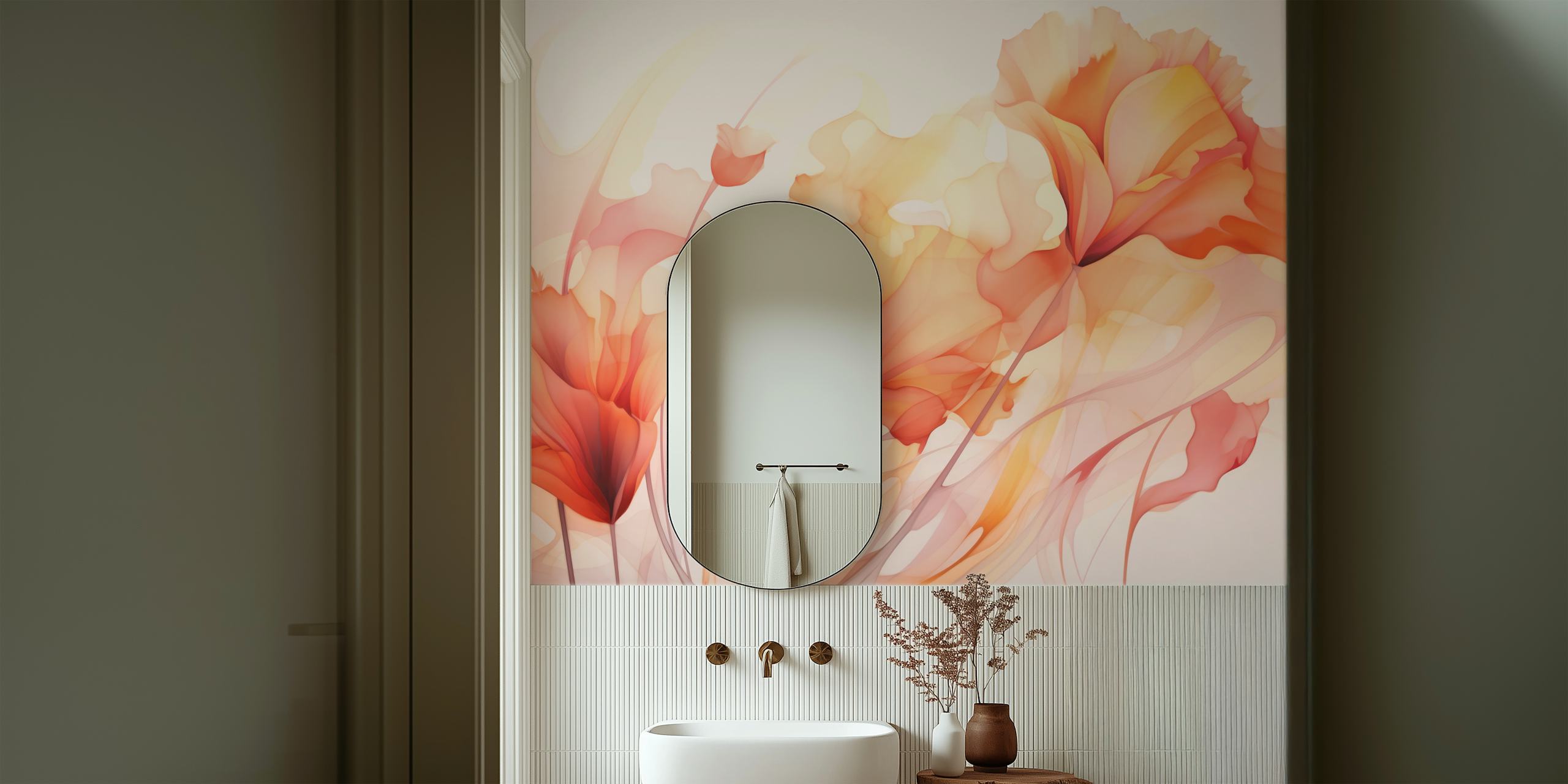 Floral peach tangerine wallpaper in a room