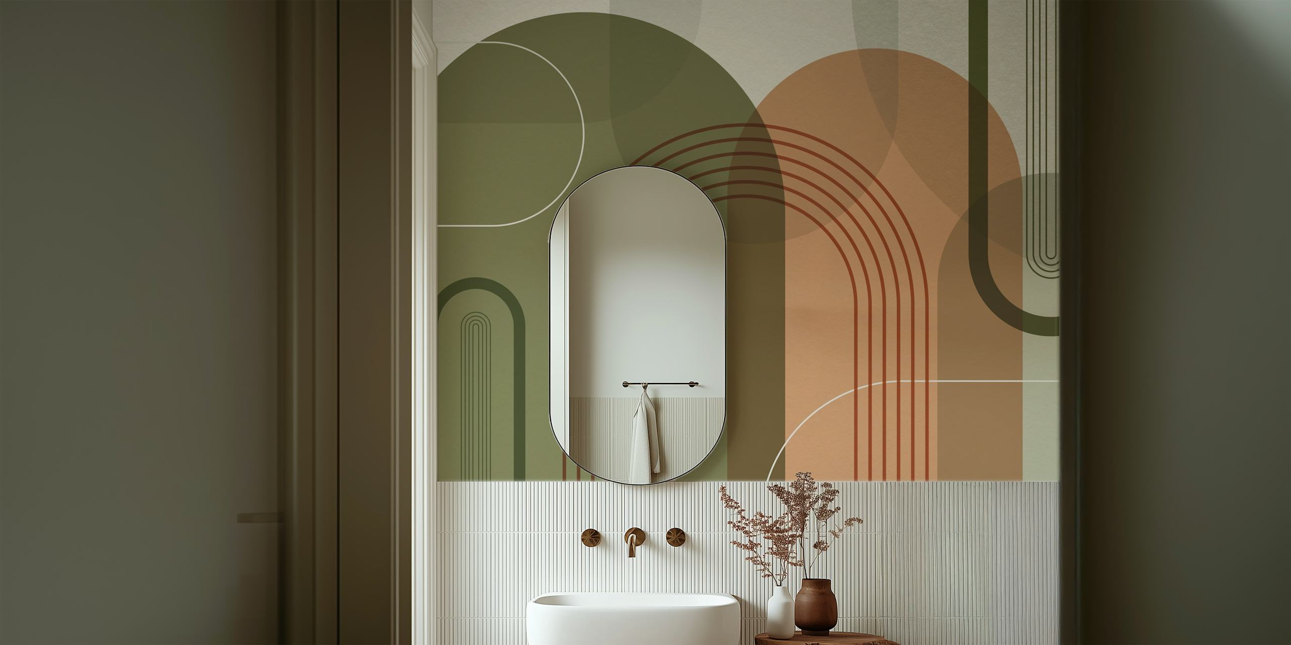 Geometric arches and shapes in olive green and orange wallpaper
