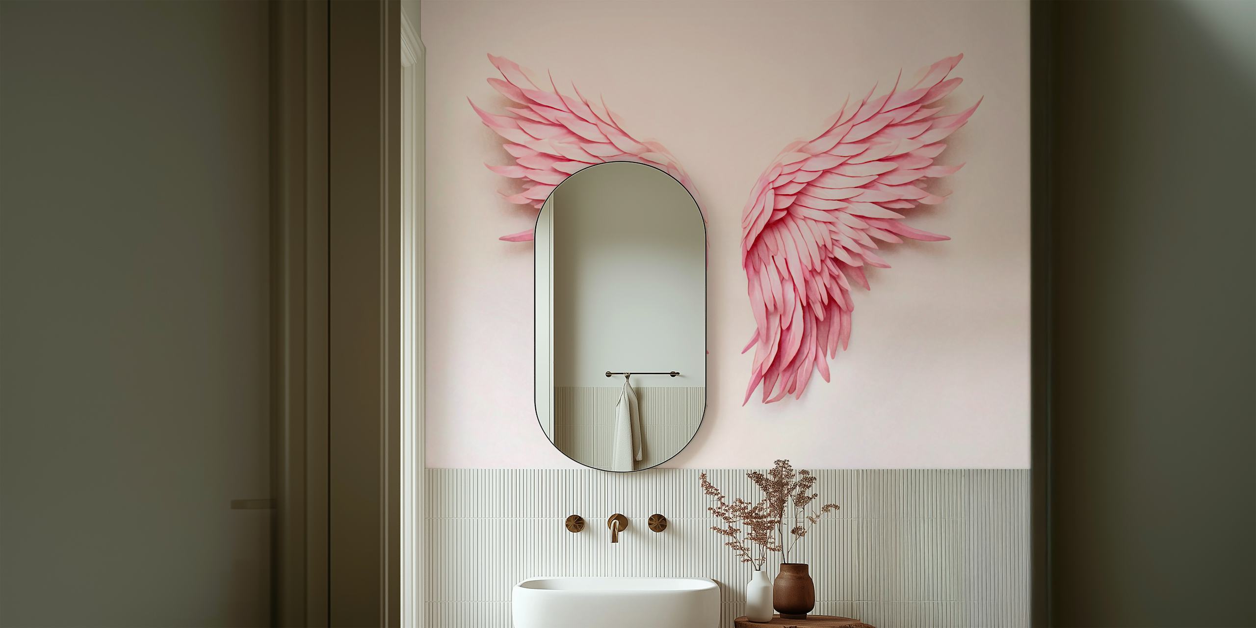 Pink angel wings wallpaper in a room