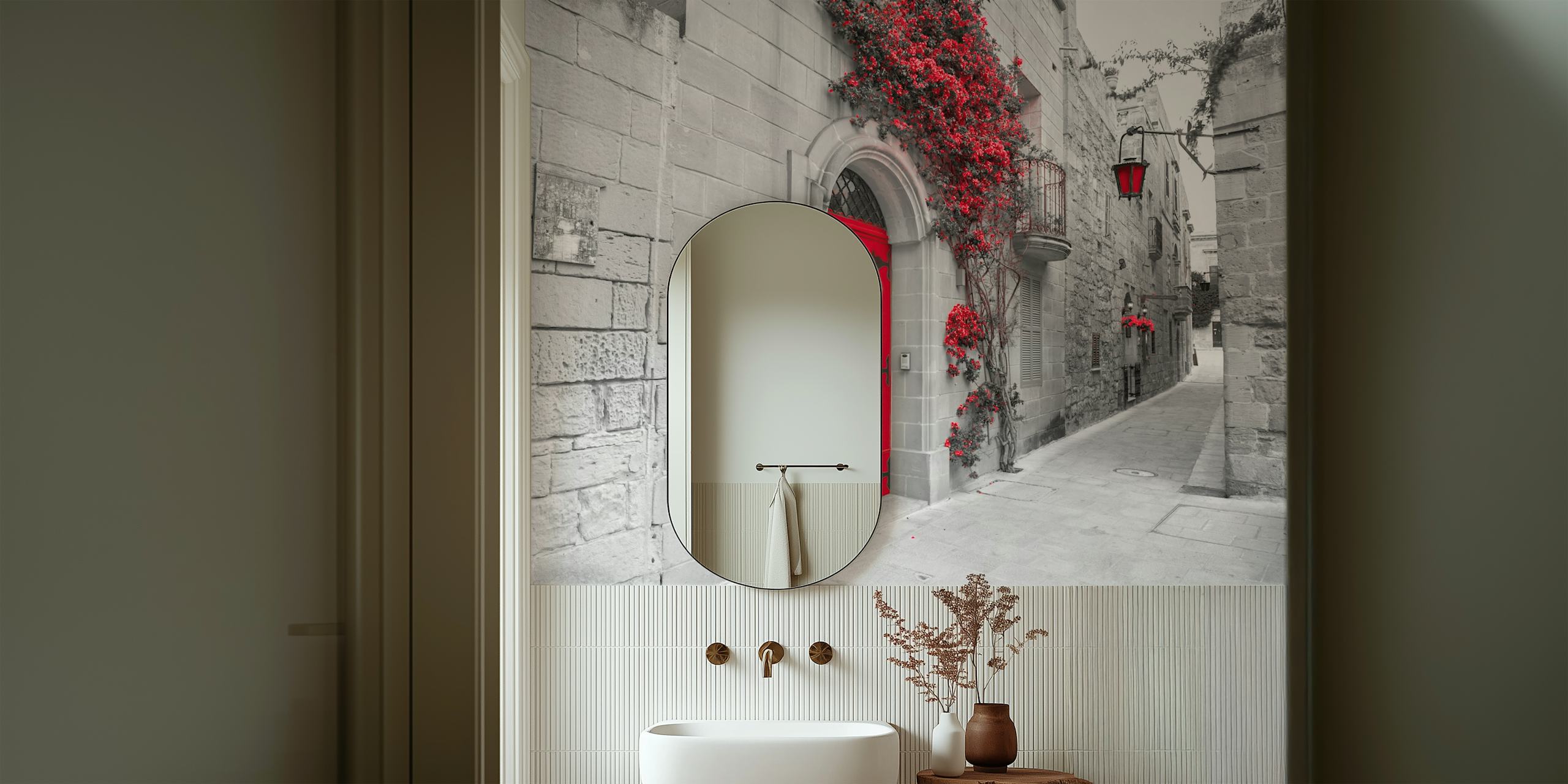 Vintage alley wallpaper featuring a red door and floral accents