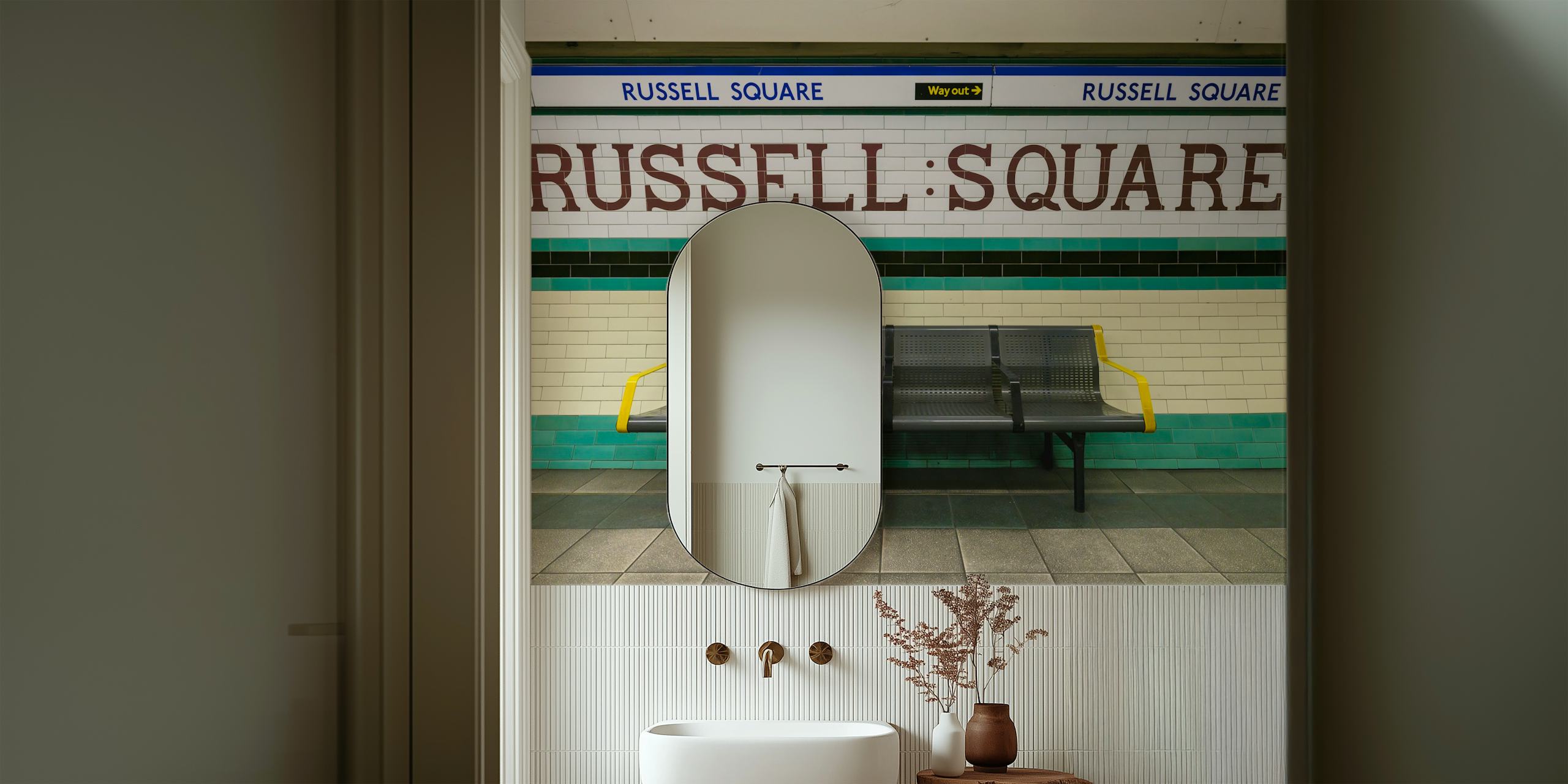 Green and white tiled wall with Russell Square signage wallpaper