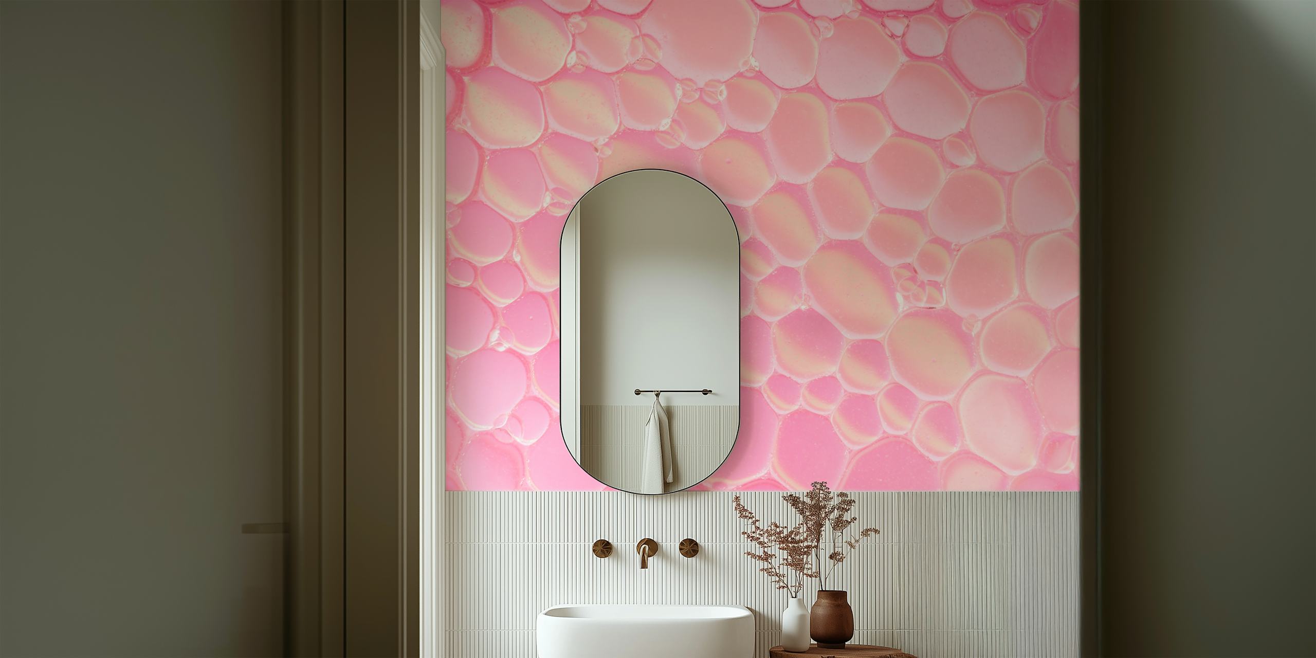 Glossy pink bubble pattern wallpaper with spherical shapes